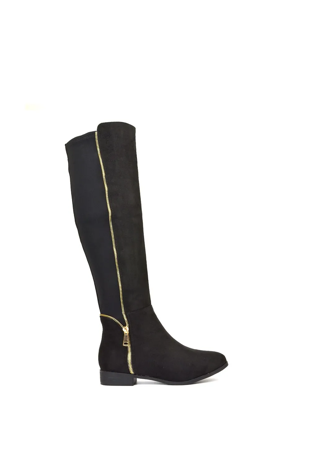 'Sutton' Zip Up Flat Heel Knee High Boots With Stretchy Calf