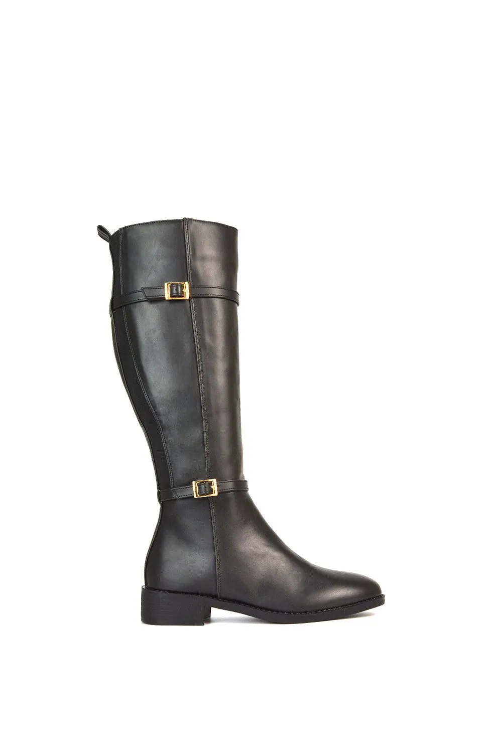 'Ellis' Flat Heel Stretch Knee High Long Boots With Buckle Details