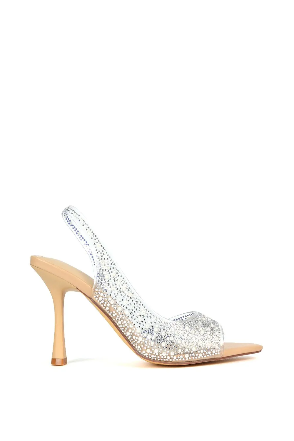 'Amelia' Perspex Diamante Embellished Slingback Peep Toe Stiletto High Heels