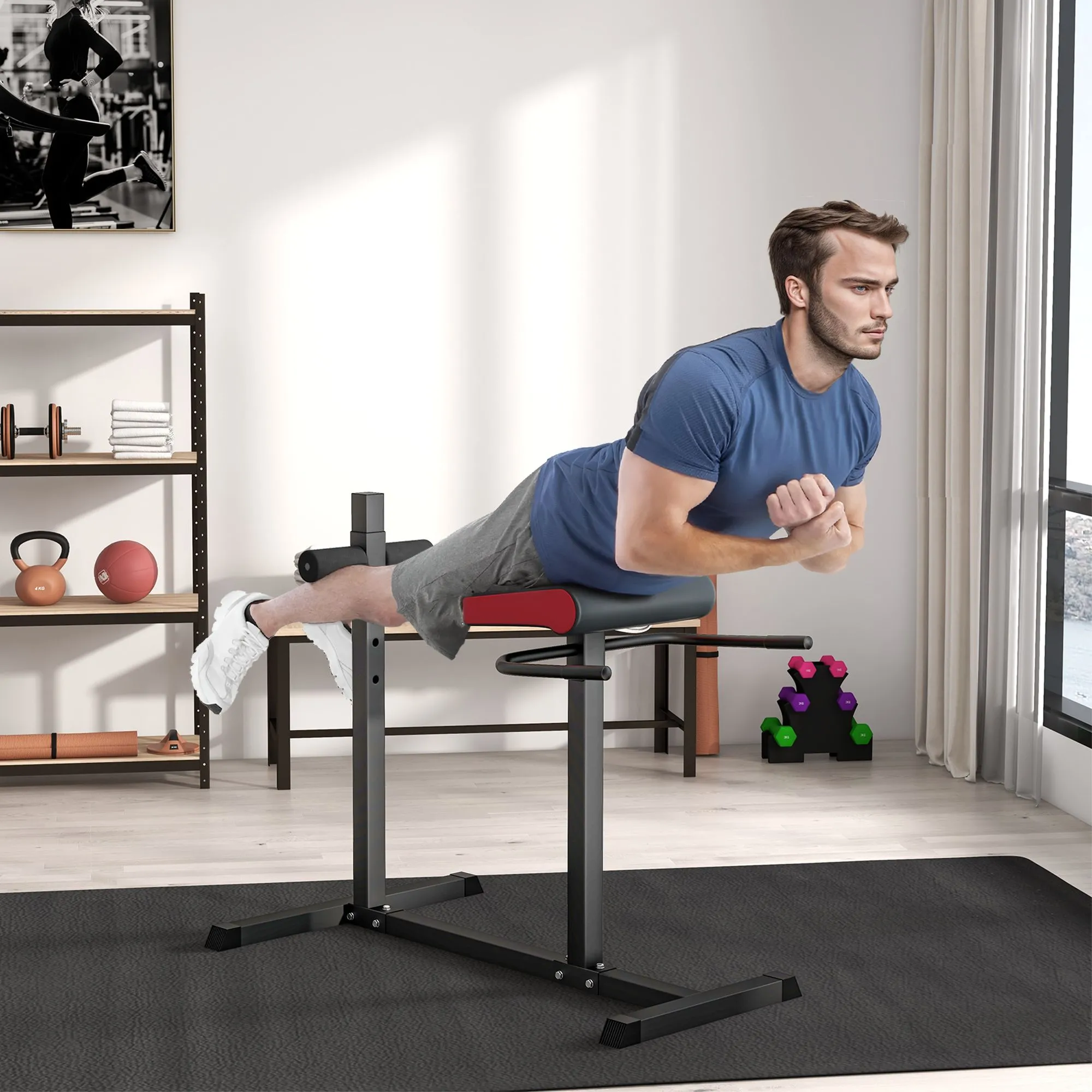 Back Extension Roman Chair, Hyperextension Bench with Adjustable Leg Roller