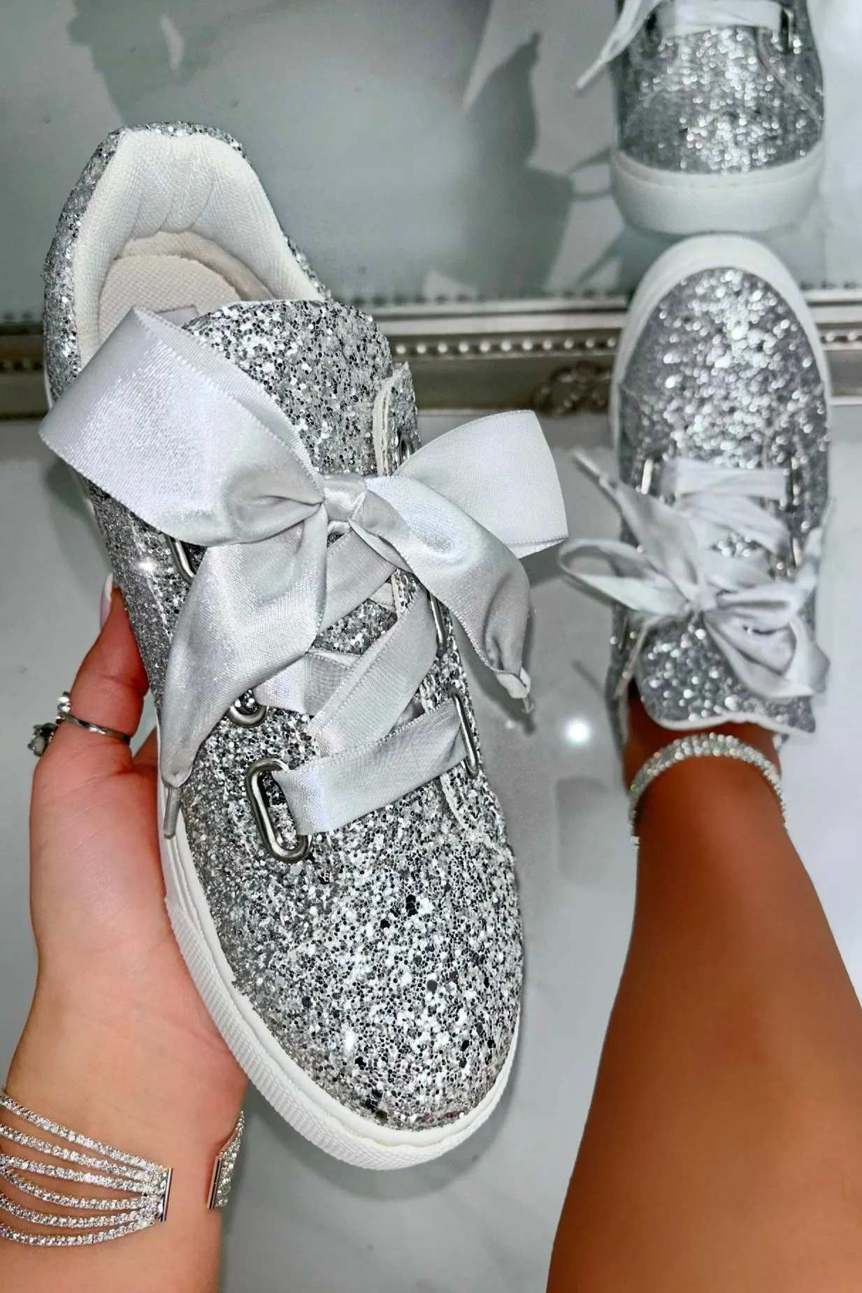 Sparkly Glitter Ribbon Lace Trainers