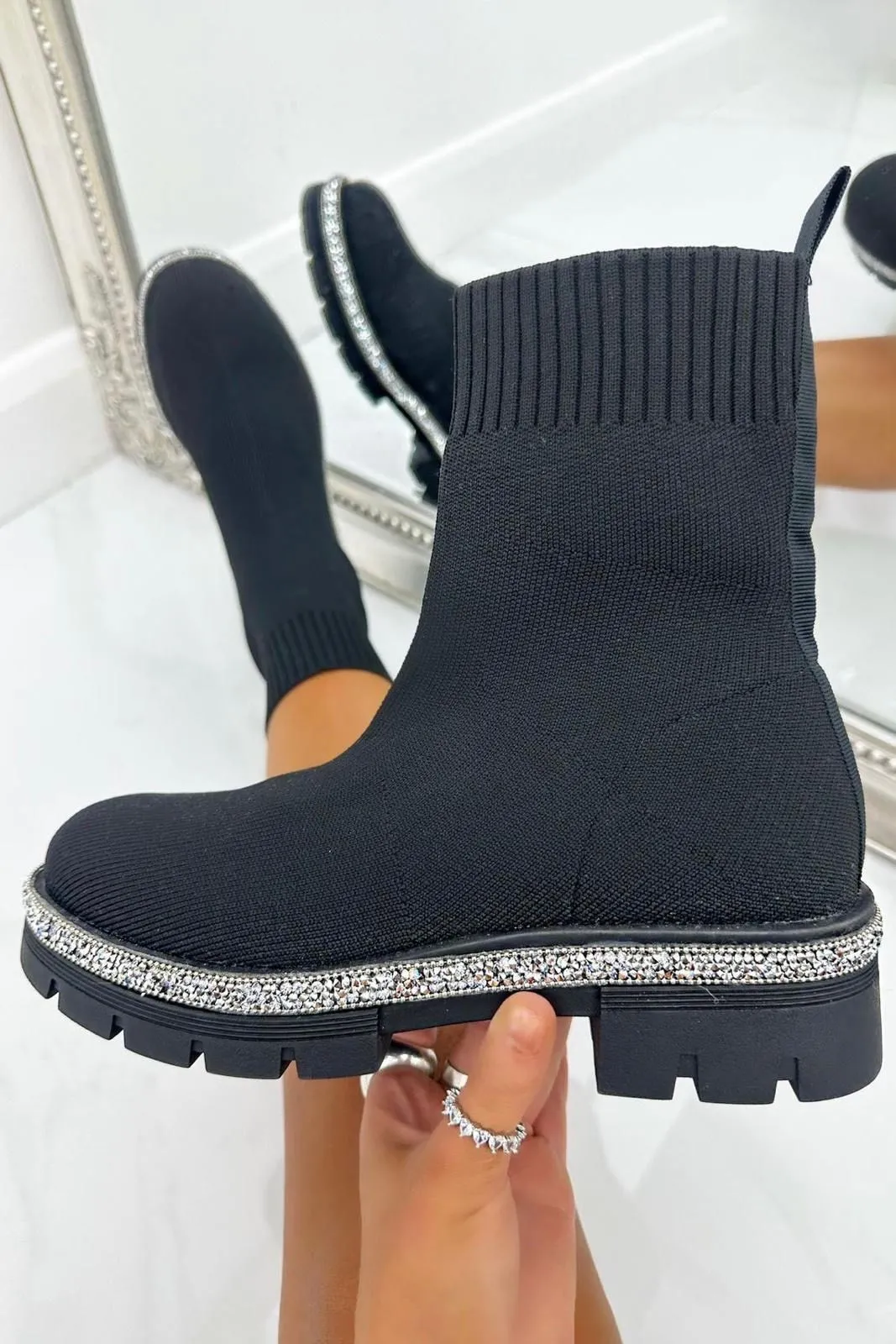Sparkly Stretch Chunky Sock Boots Black