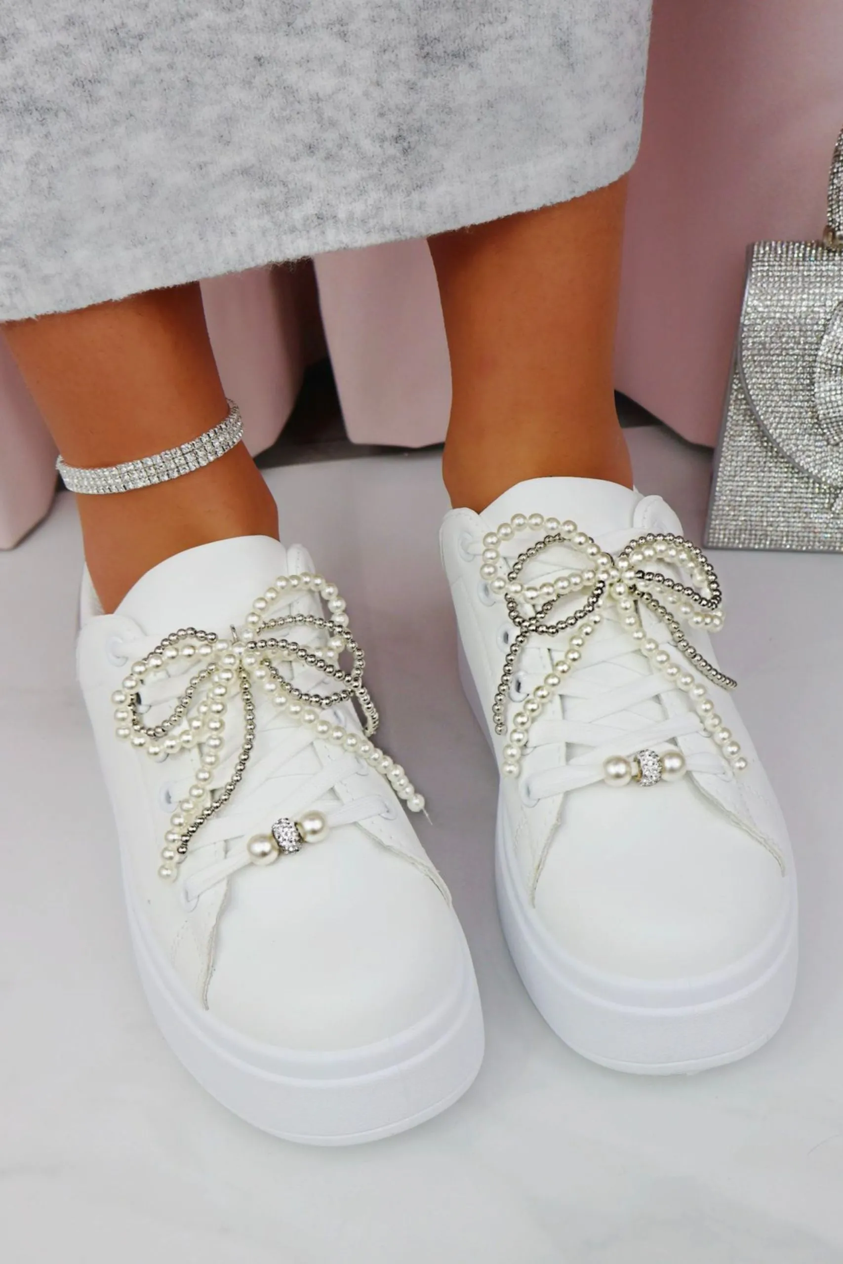 Sparkly Pearl Bow Chunky Trainers