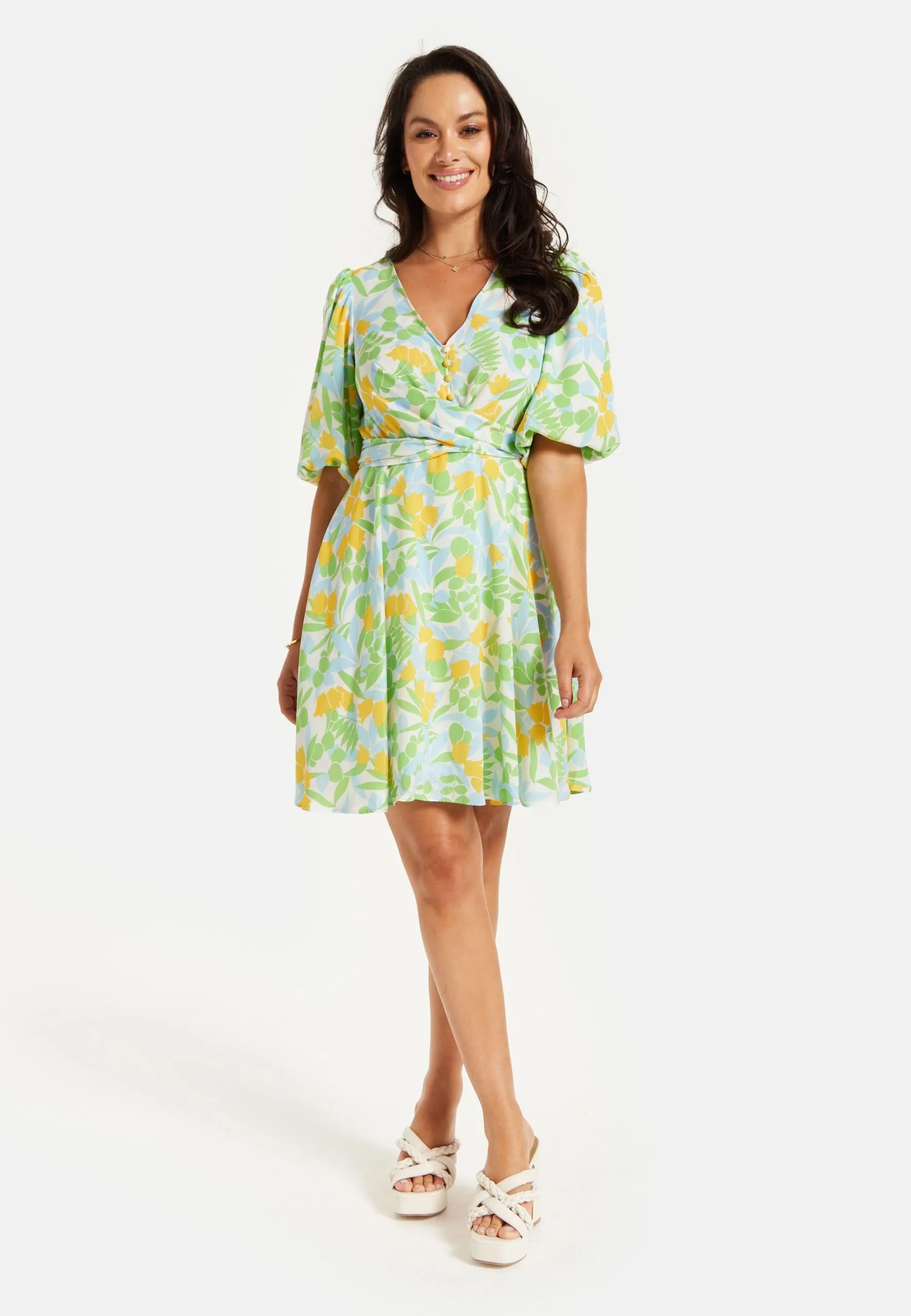 Yellow Floral Summer Dress with Tie Waist