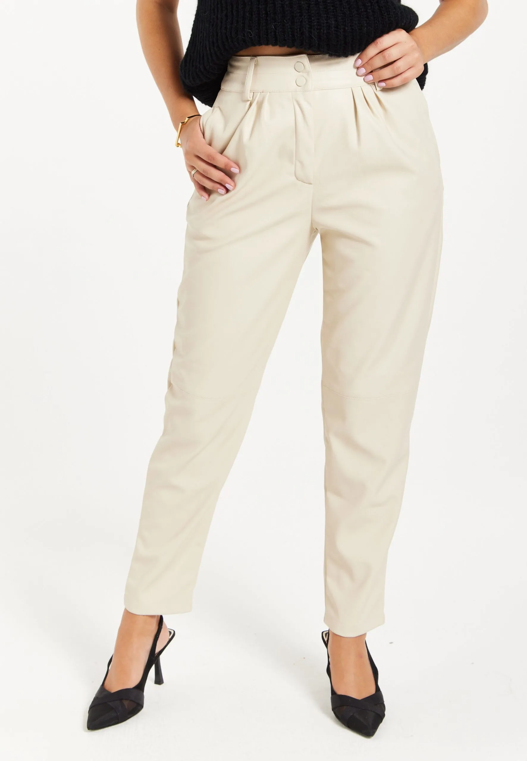 Tapered Leather Look Trousers in Cream