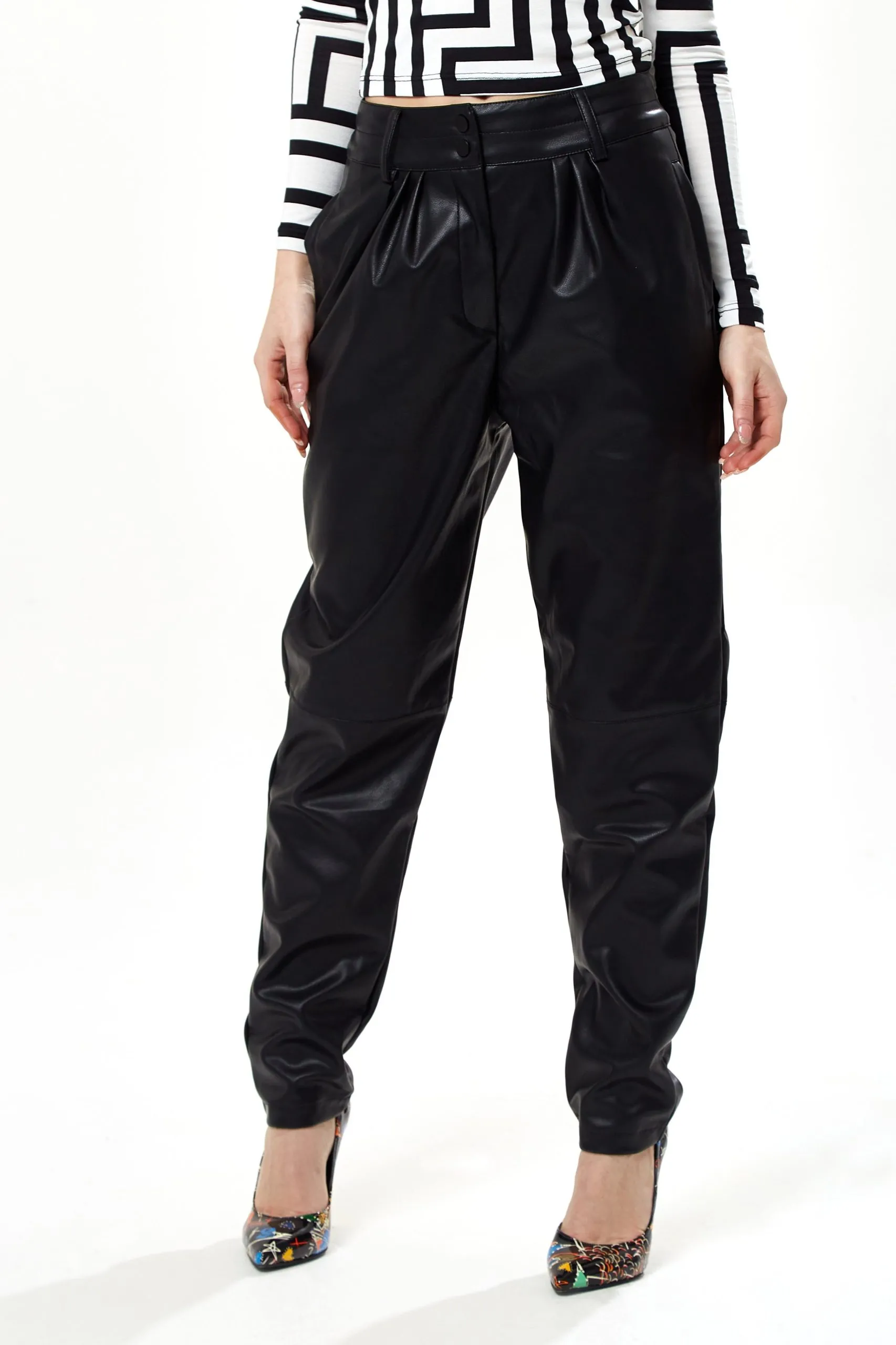 Tapered Leather Look Trousers in Black