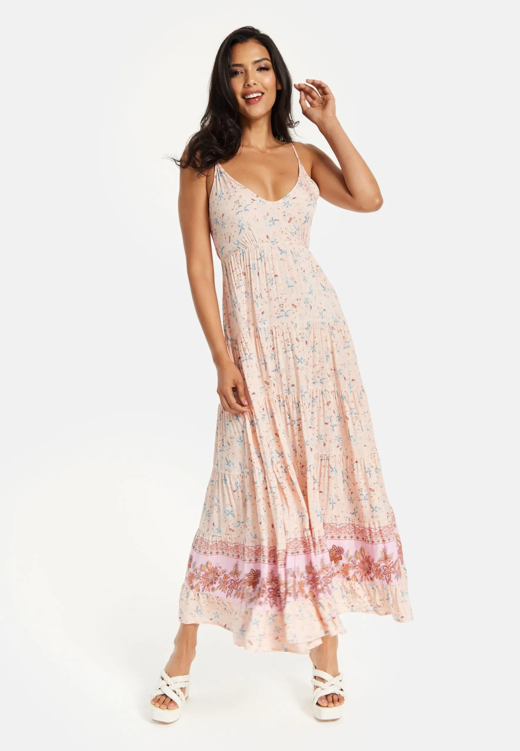 Cami Maxi Dress in Nude Floral Print with Tie Back