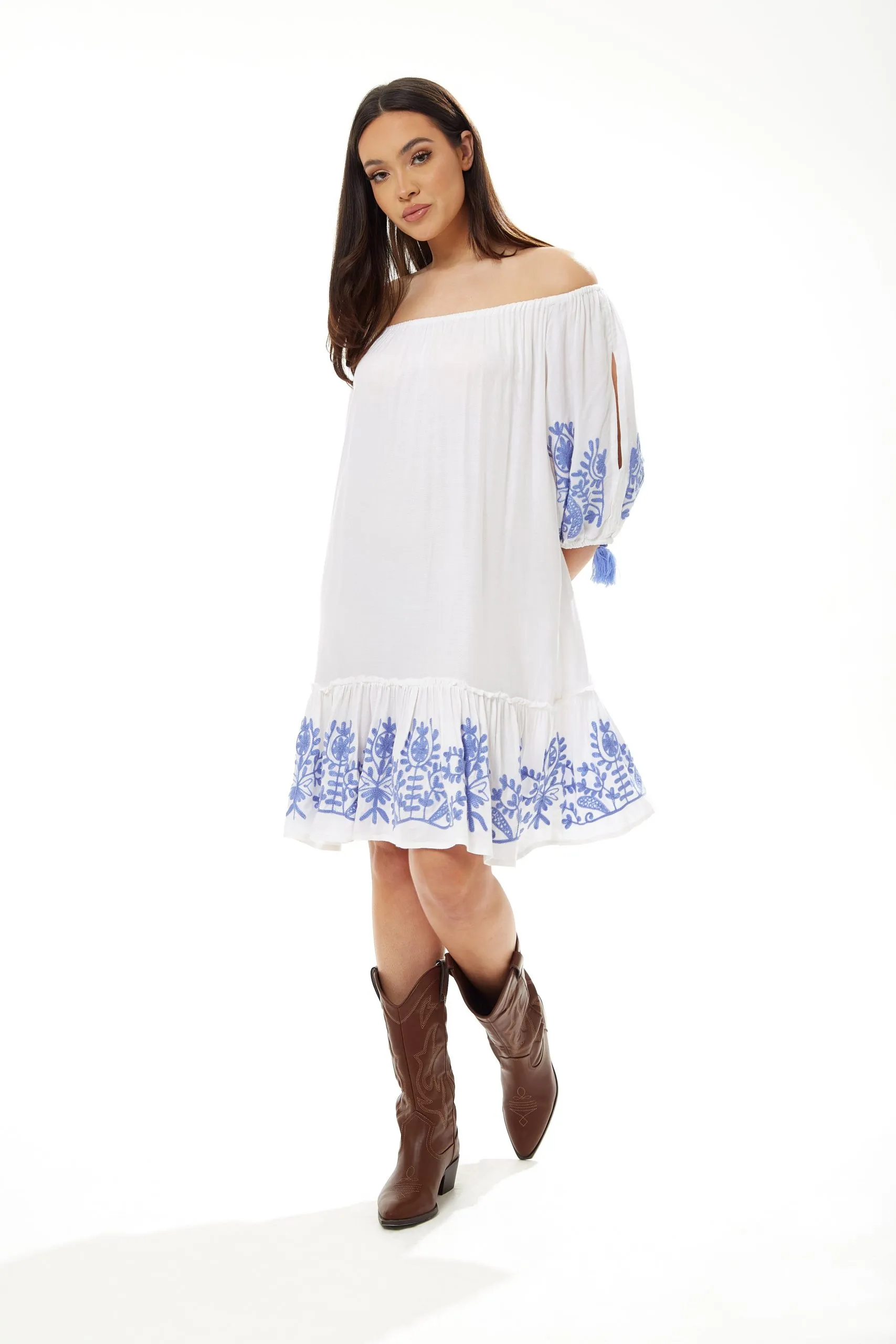 Blue Embroidered Off Shoulder Mini Dress