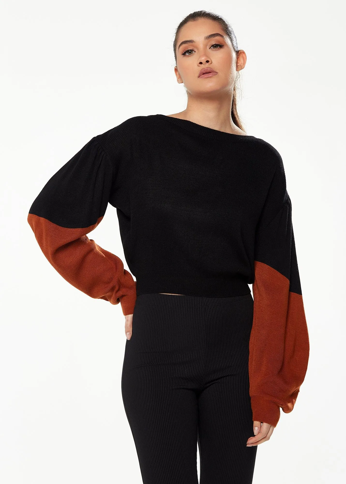 Crop Jumper in Black with Contrast Sleeves in Brown