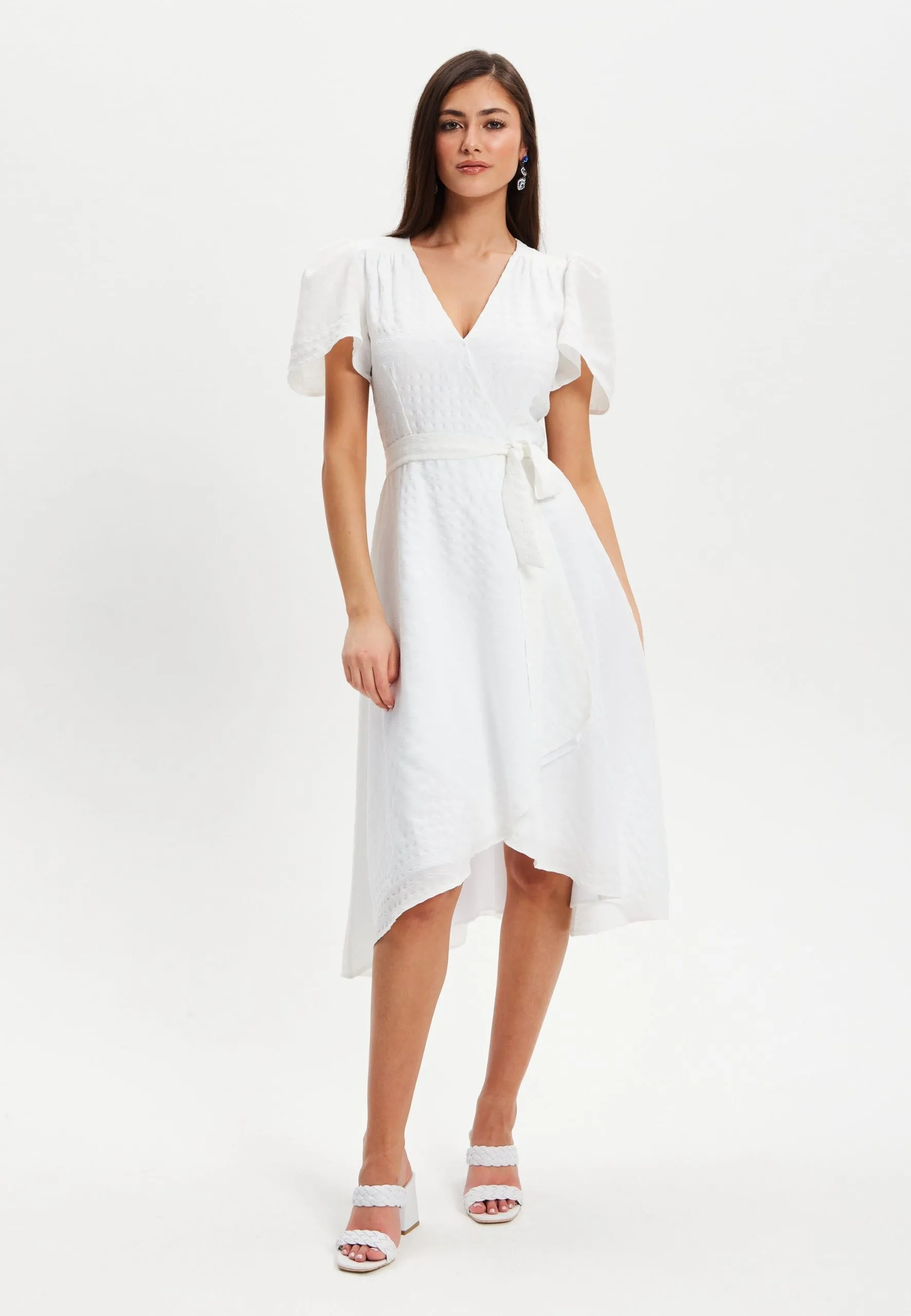 Checkered White Angel Sleeve Wrap Dress In White
