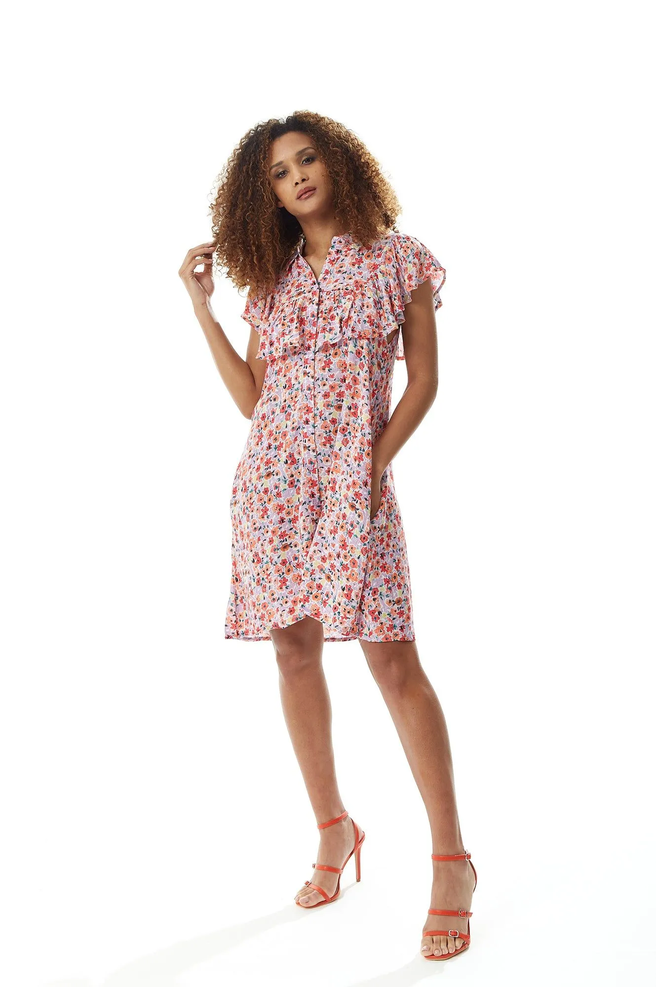 Purple Based Floral Mini Shirt Dress with Frill Details