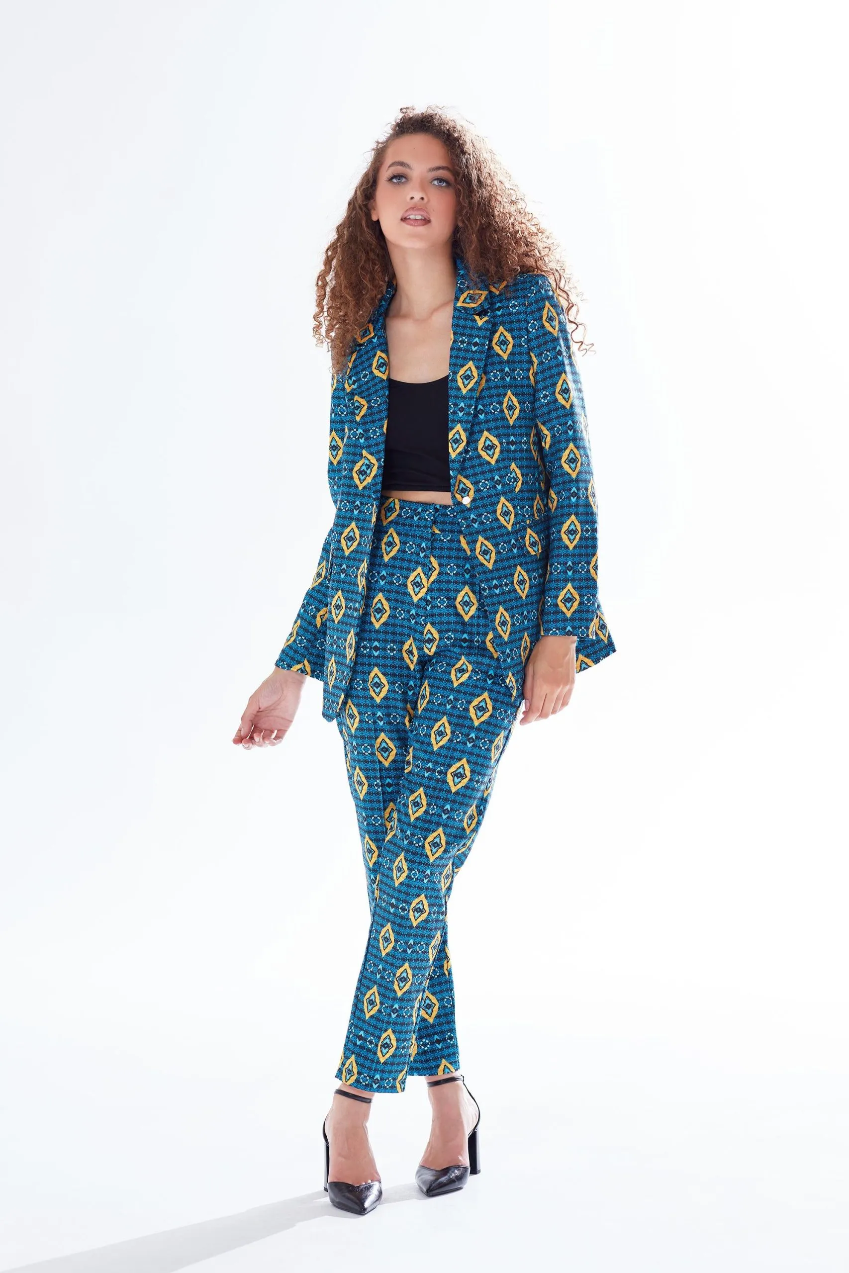 African Print Suit Blazer in Blue, Yellow & Navy