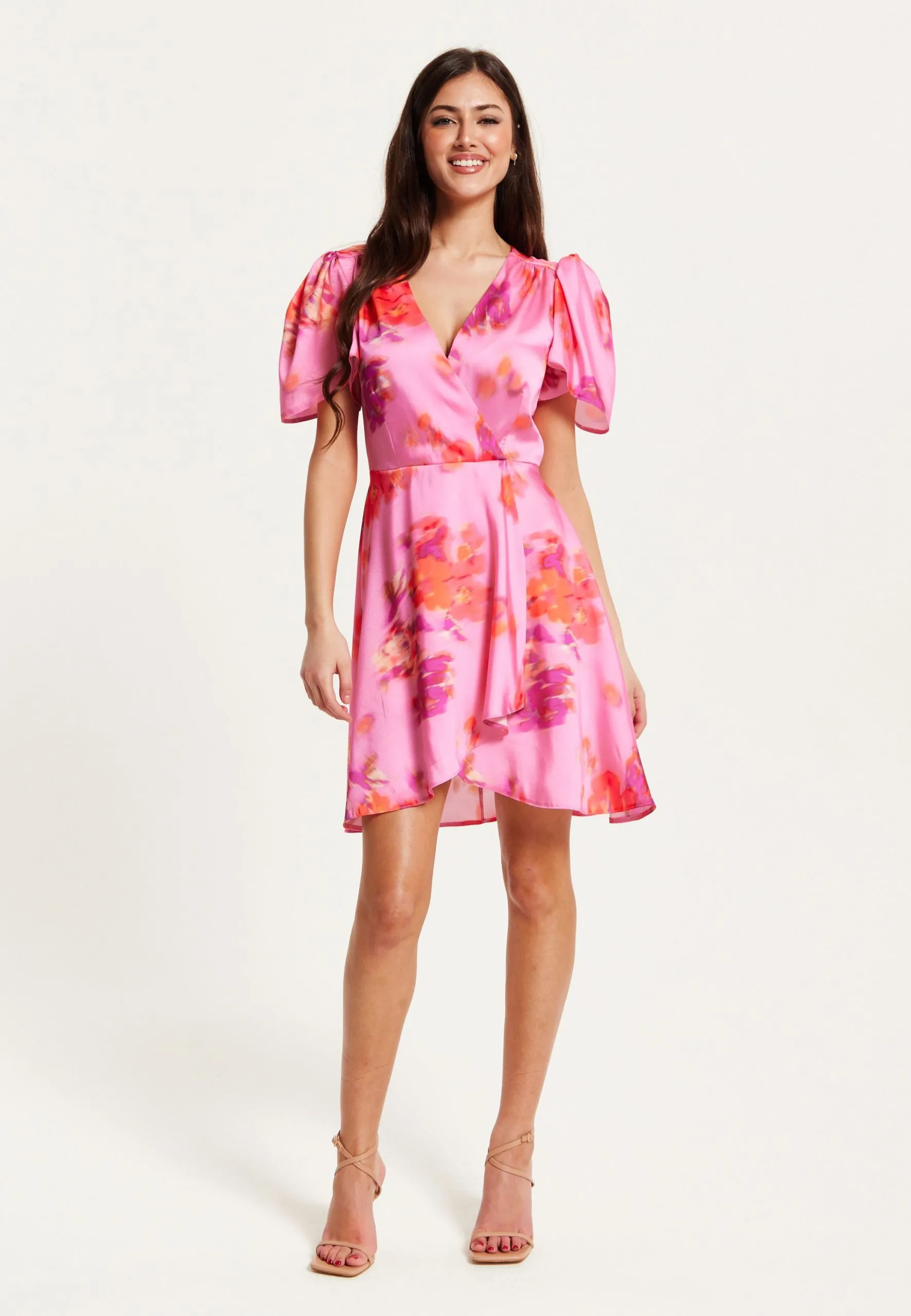 Liquorish Angel Sleeve Wrap Mini Dress In Pink