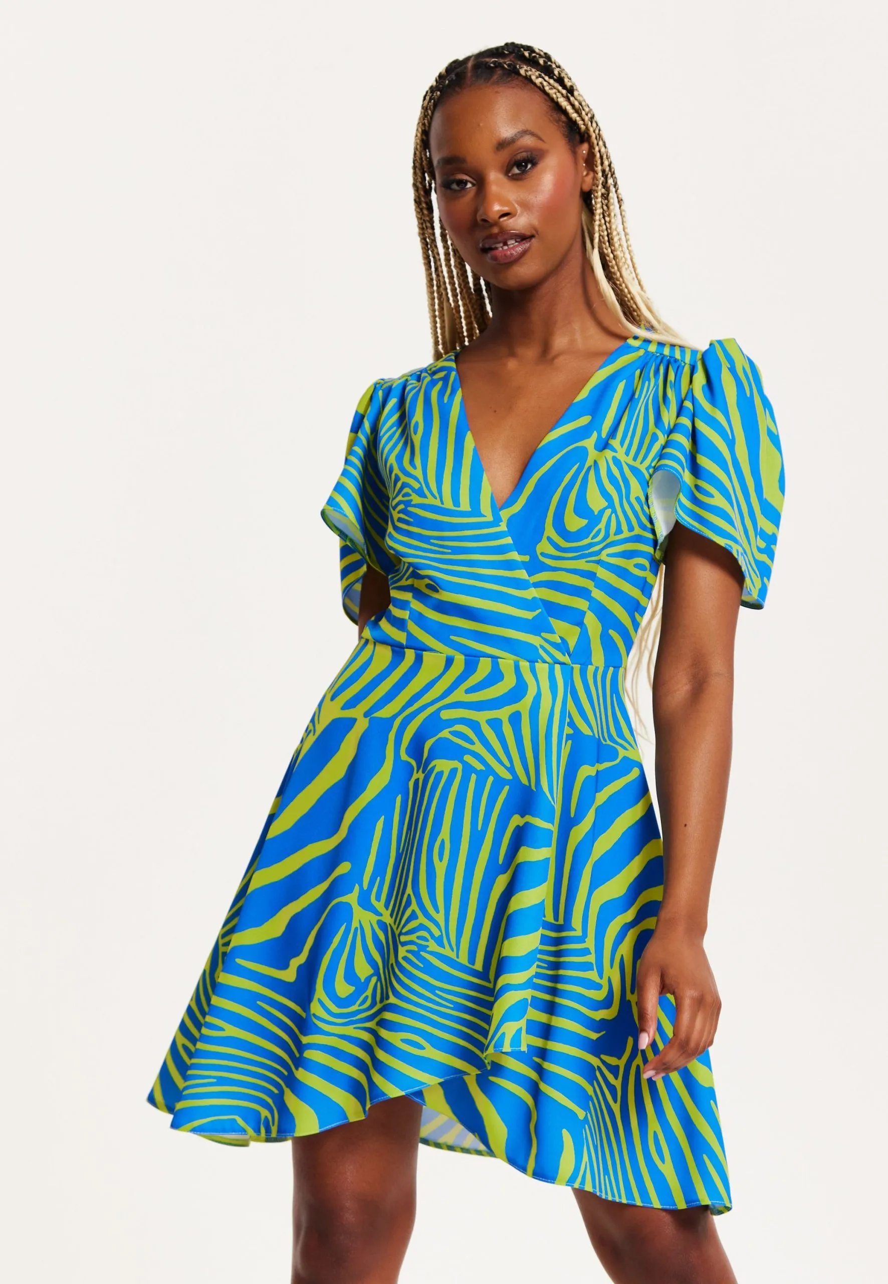 Liquorish Angel Sleeve Wrap Mini Dress In Multi-coloured