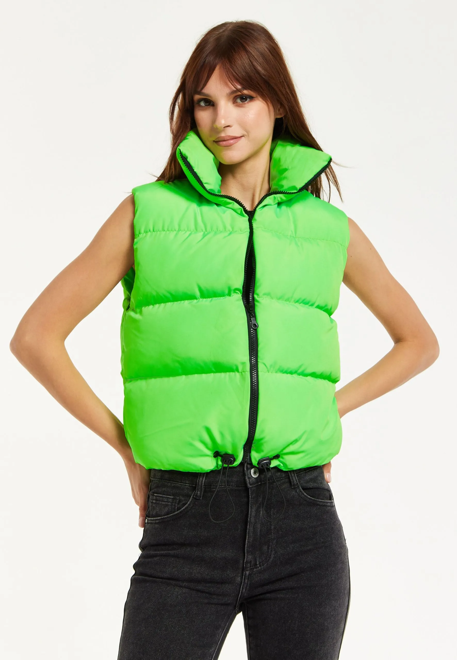 Green Puffer Vest with Drawstring Hem