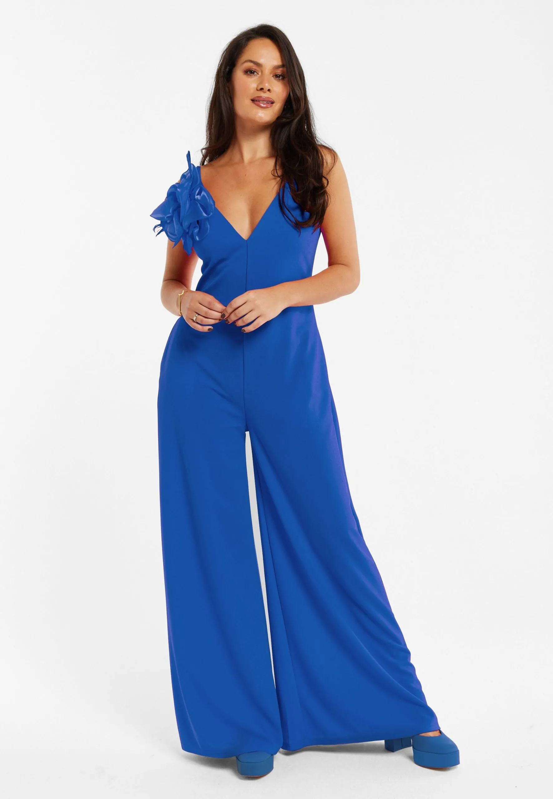 Elegant Blue Jumpsuit with Floral Shoulder Detail