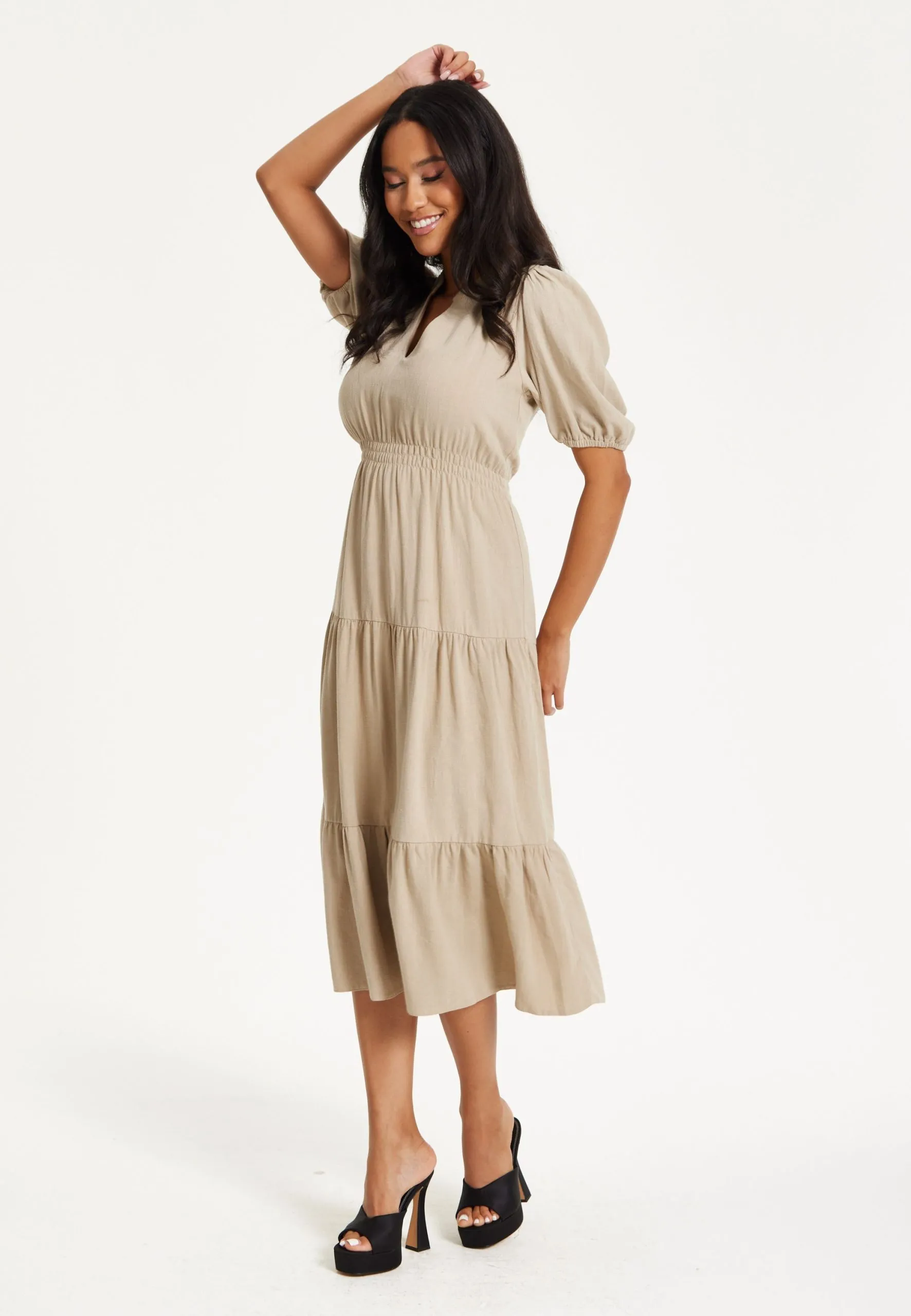 Beige Puff Sleeve Tiered Midi Dress