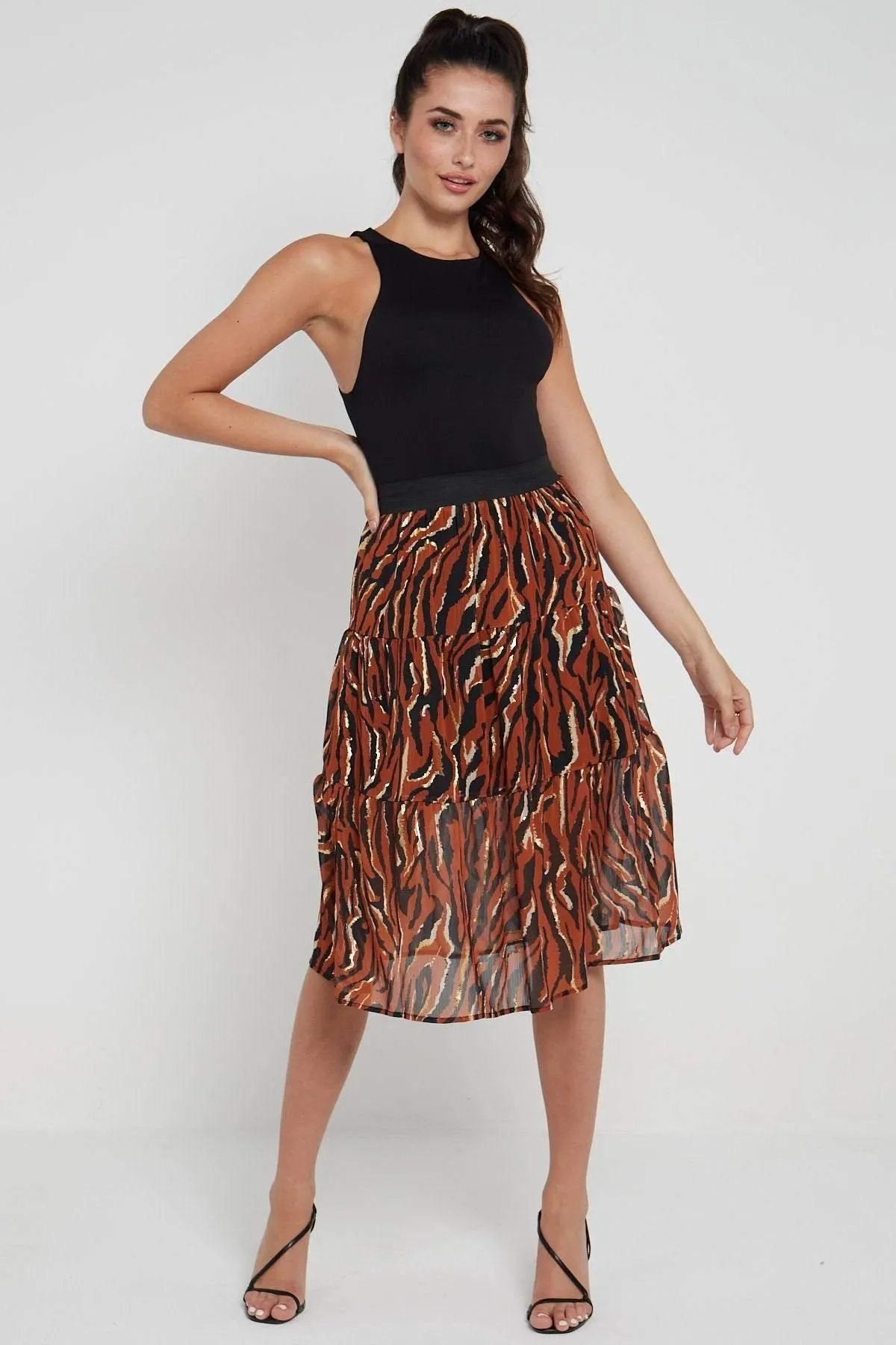 Rust Zebra Printed Gold Striped Tiered Midi Skirt