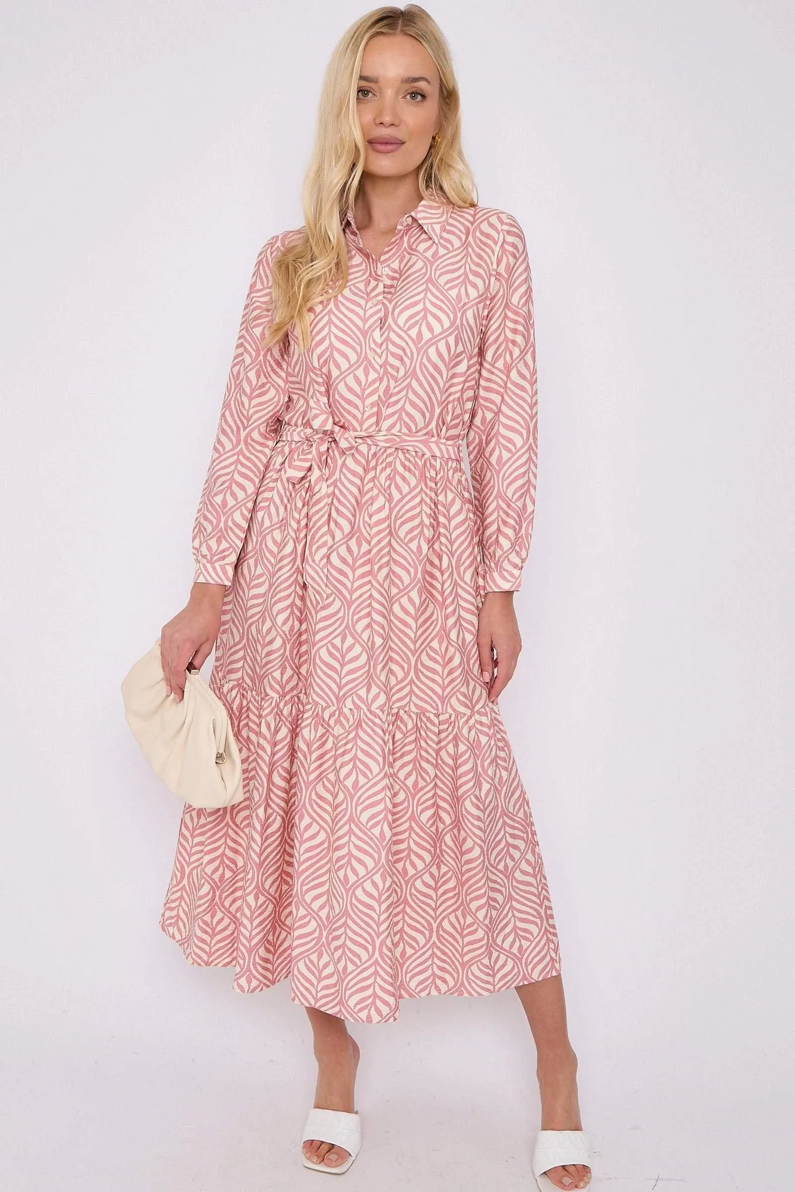 Pink Leaf Pattern Long Sleeve Smock Maxi Dress