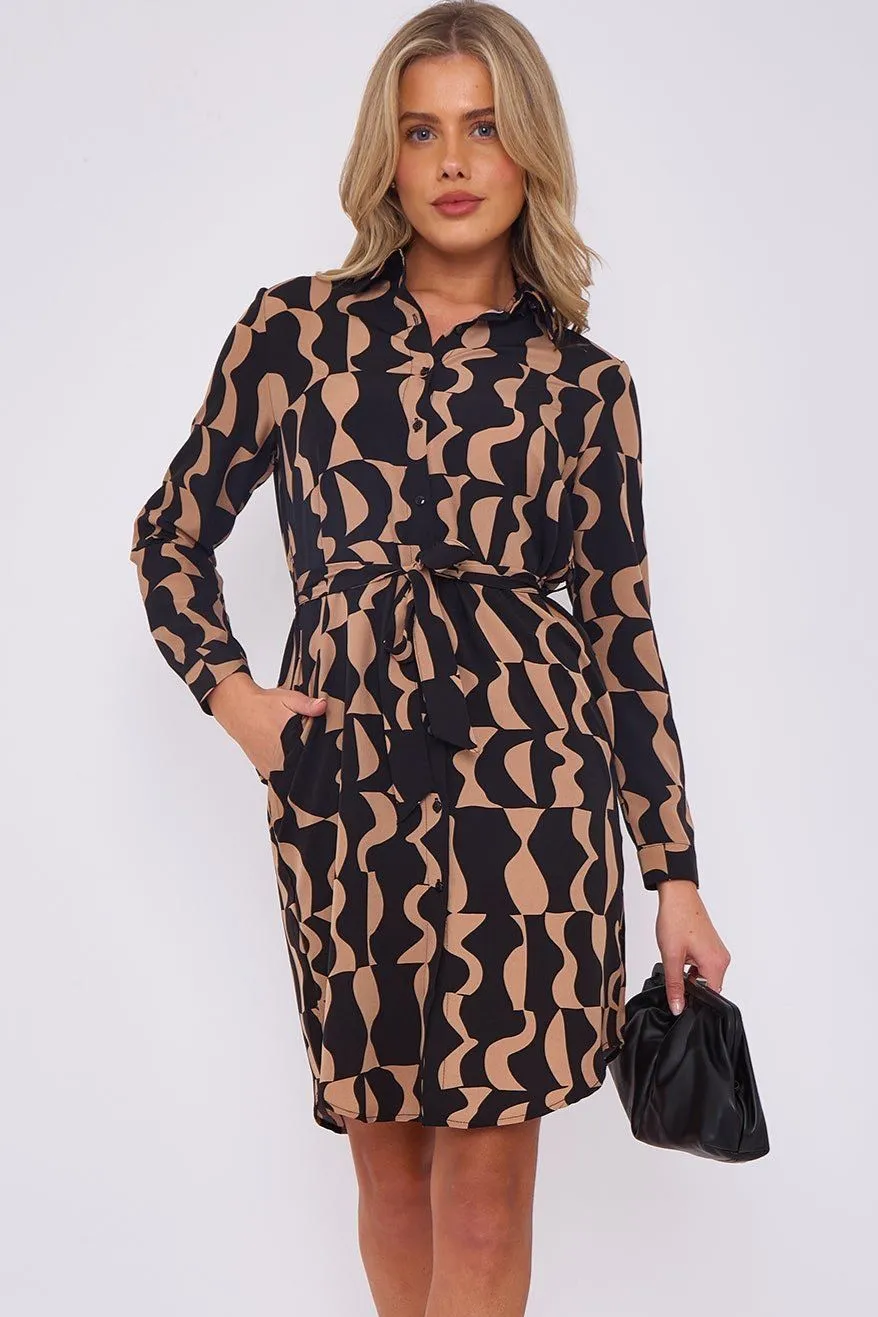 Brown Geo Print Mini Shirt Dress