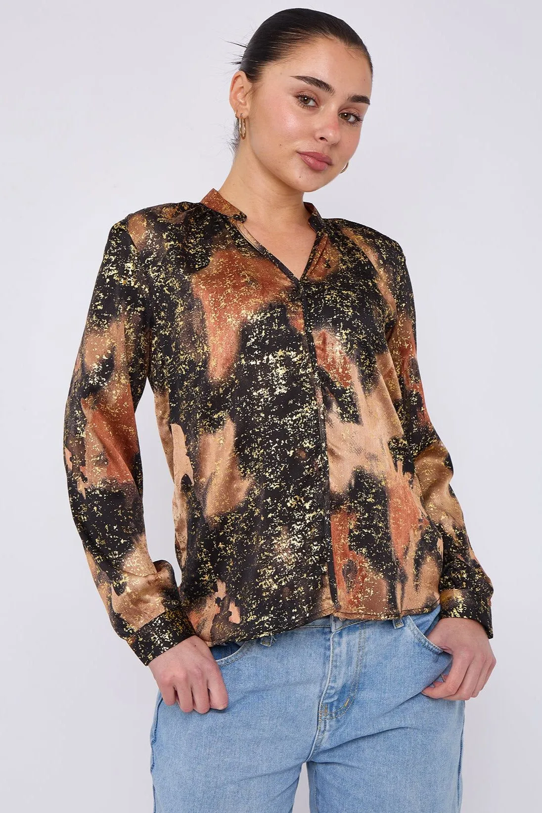 Brown Abstract Print Gold Foil Splash Print Blouse