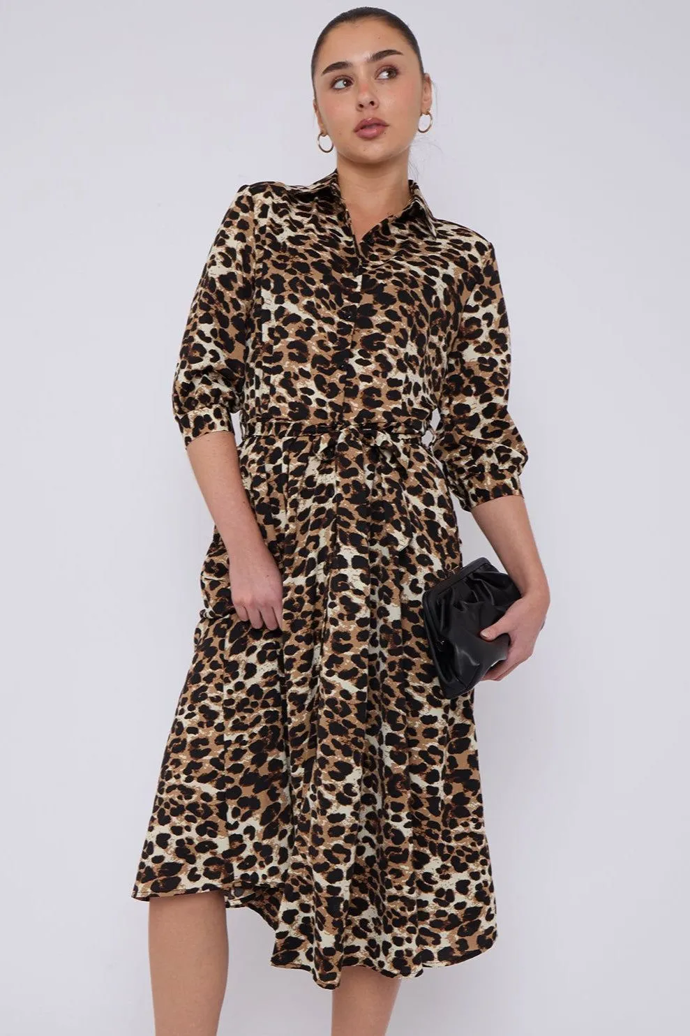 Taupe Leopard Print Half Sleeve Midi Shirt Dress