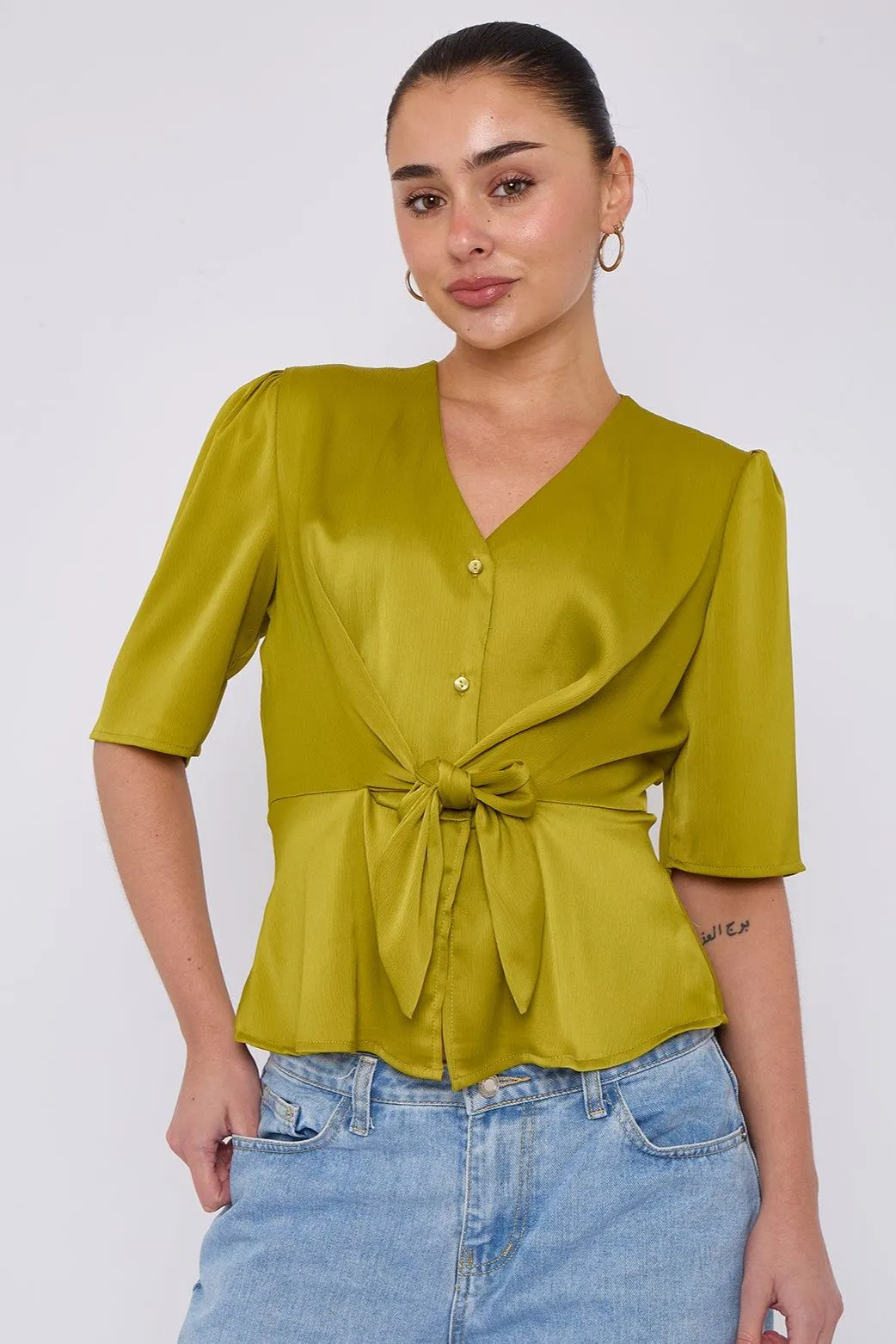 Lime Green Short Sleeve Knotted Crepe Satin Top
