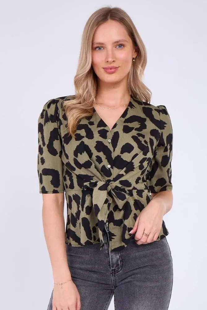 Khaki Leopard Print Short Sleeve Knotted Top