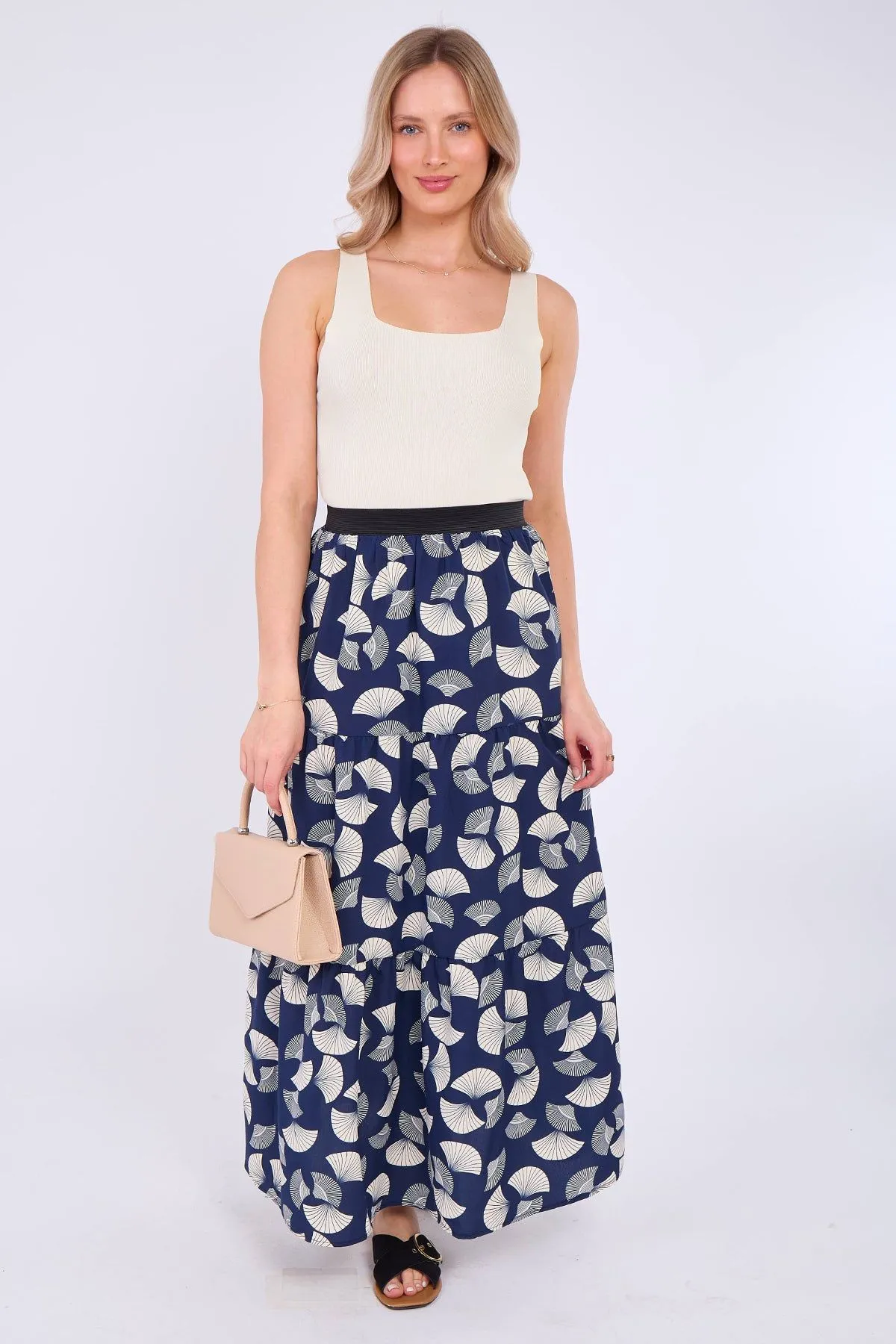 Navy Ginkgo Print Tiered Maxi Skirt