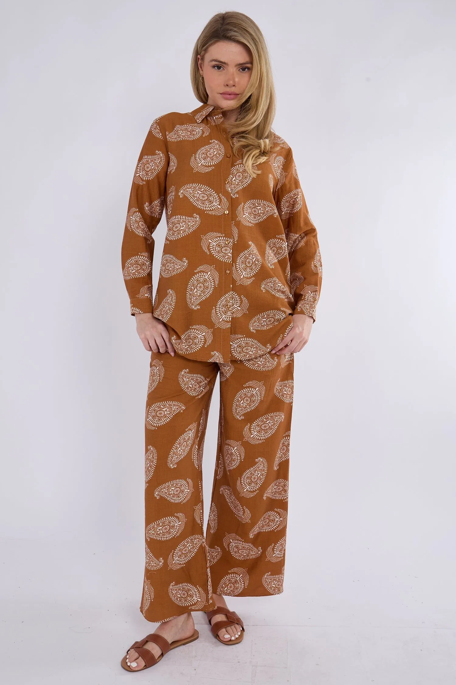 Caramel Brown Paisley Print Co-ord Shirt and Trousers Set