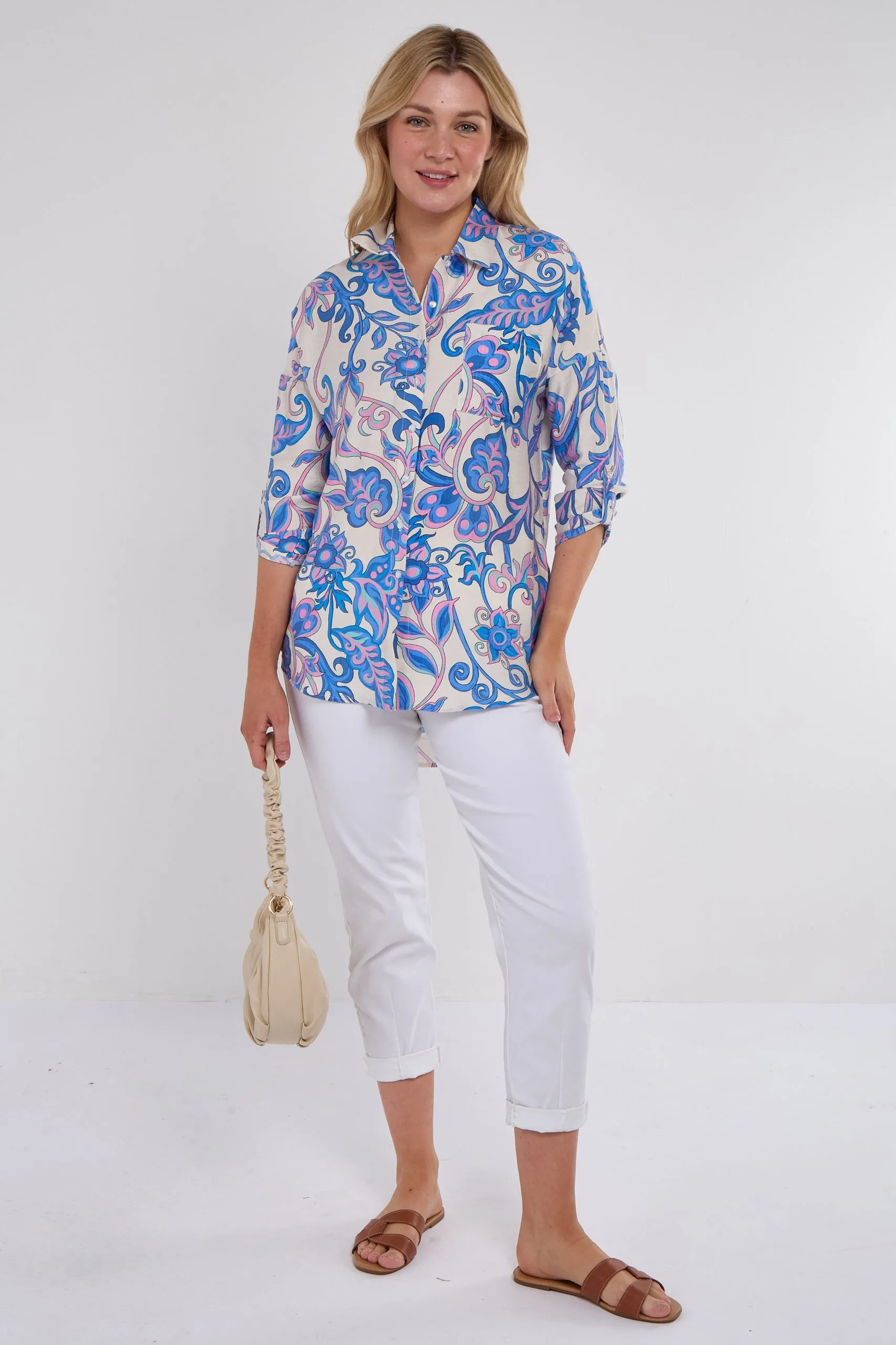 Blue and Pink Swirl Floral Print Long Sleeve Shirt