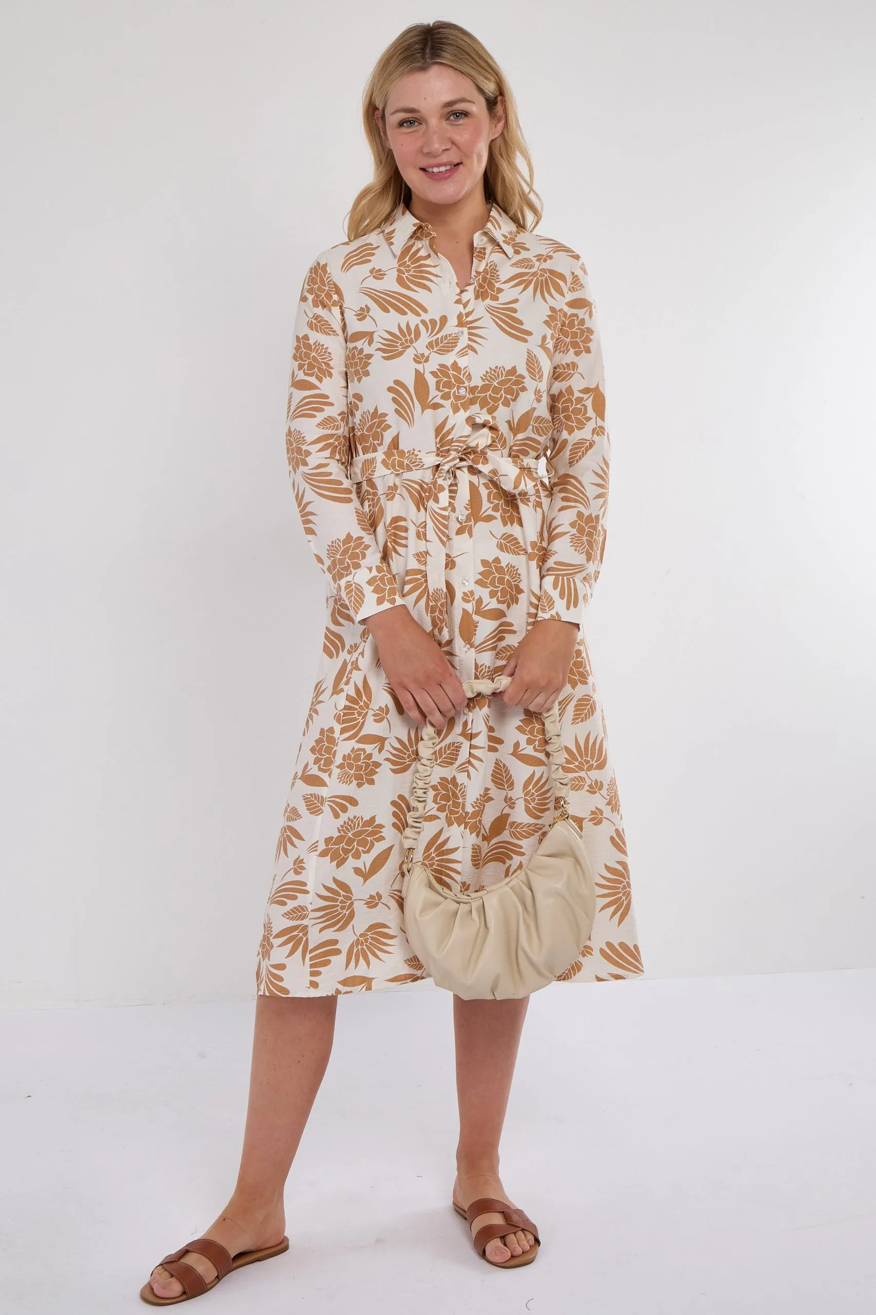 Ochre Botanical Print Midi Shirt Dress