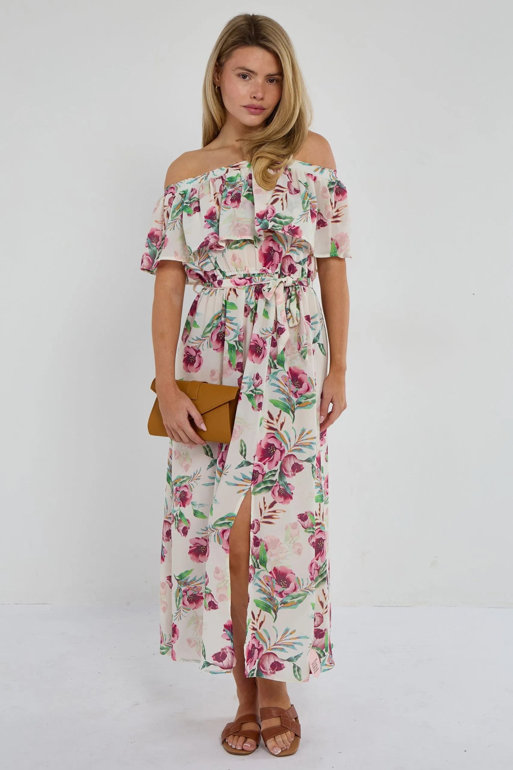Pink Tropical Floral Off-Shoulder Maxi Dress