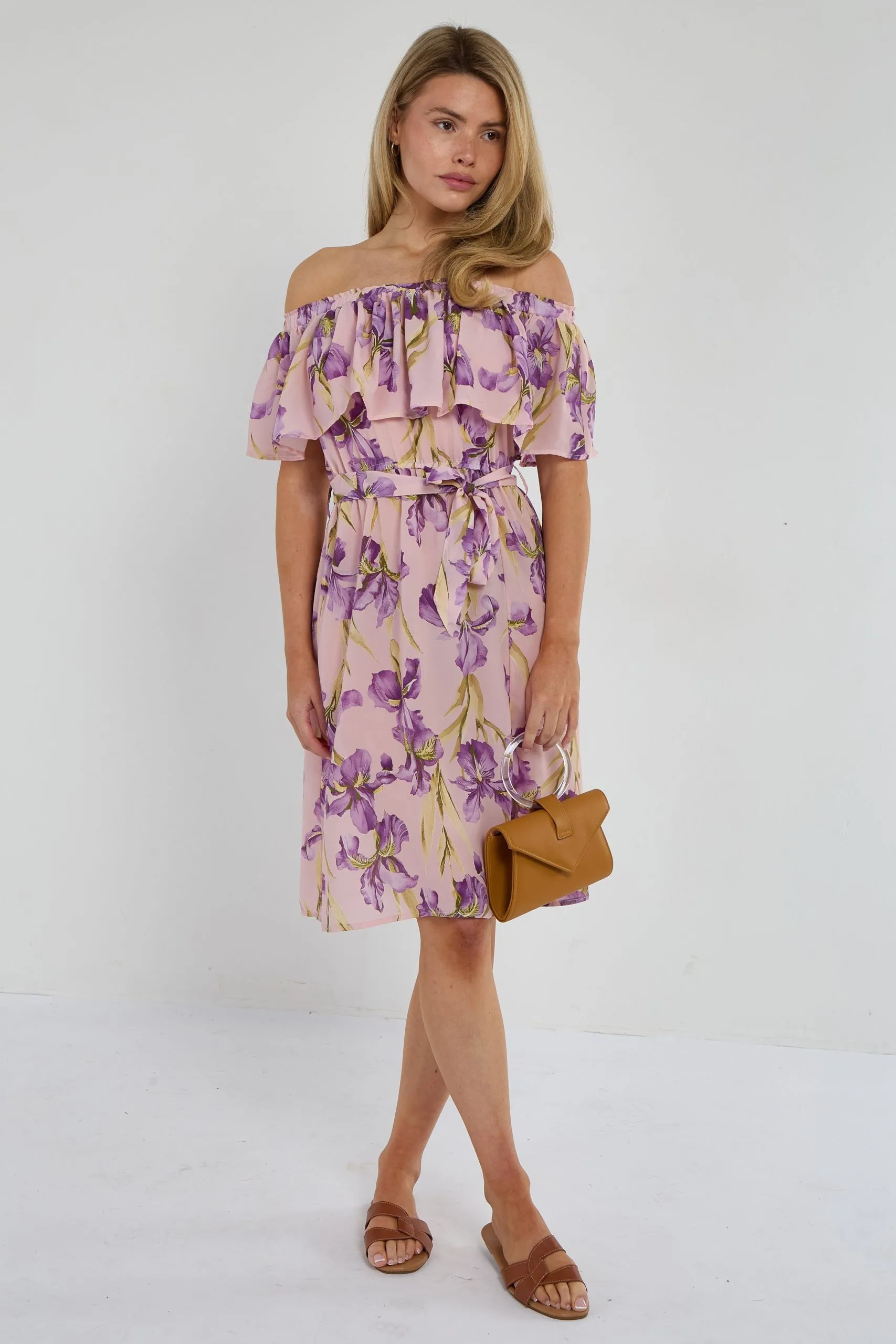 Purple Iris Floral Off-Shoulder Miini Dress