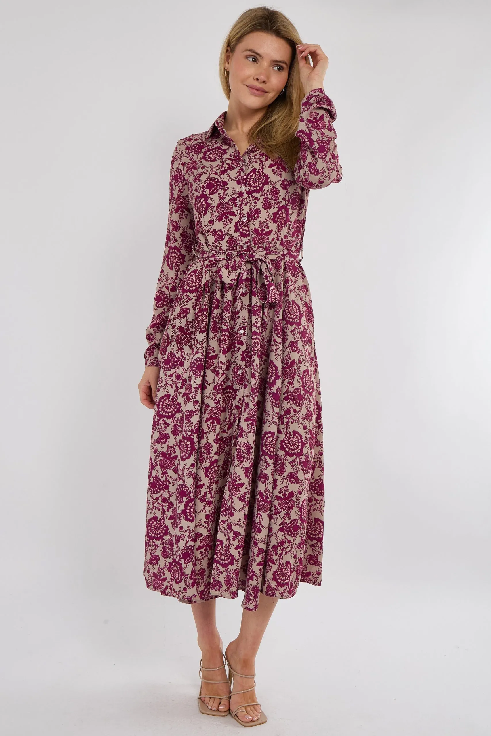 Berry Floral Paisley Print Long Sleeve Maxi Shirt Dress