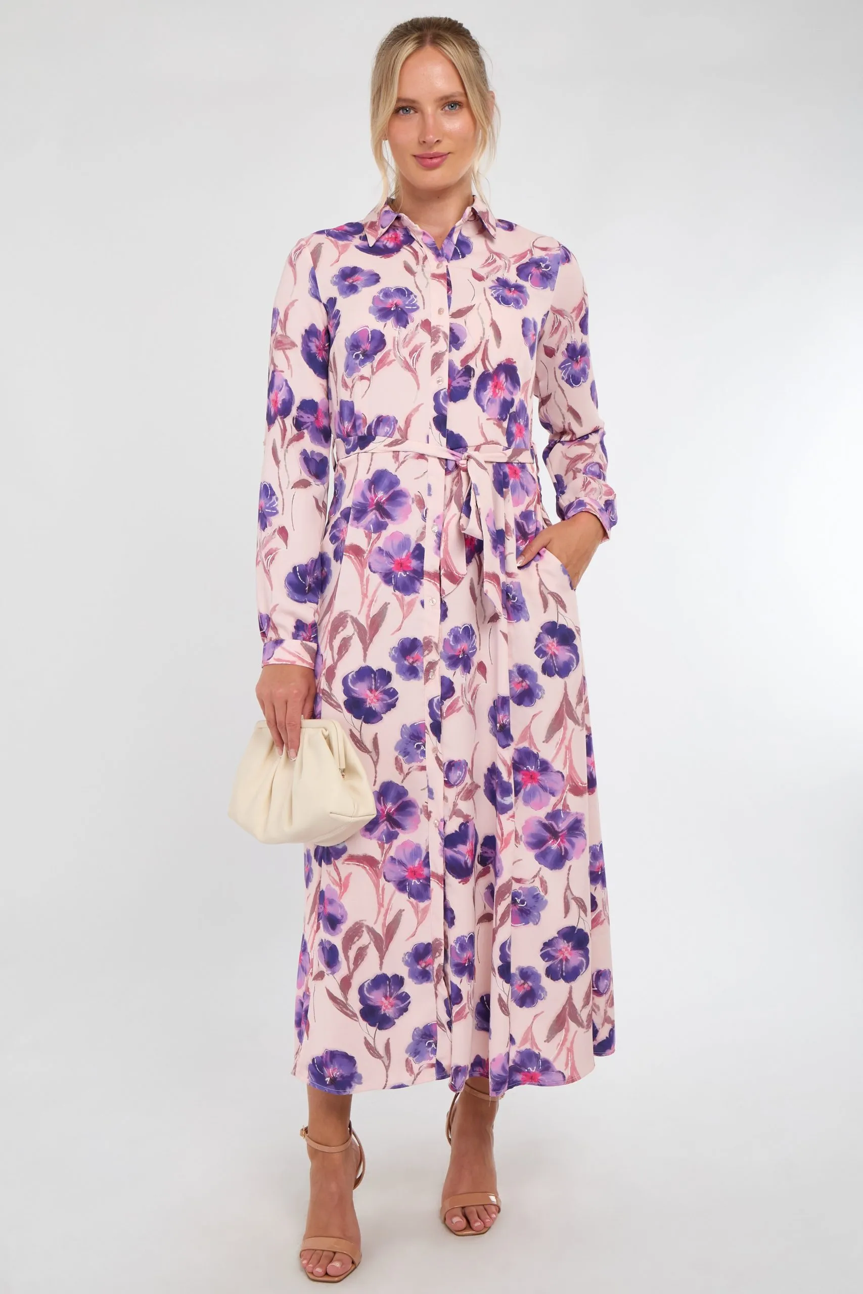 Purple Floral Print Blush Maxi Shirt Dress