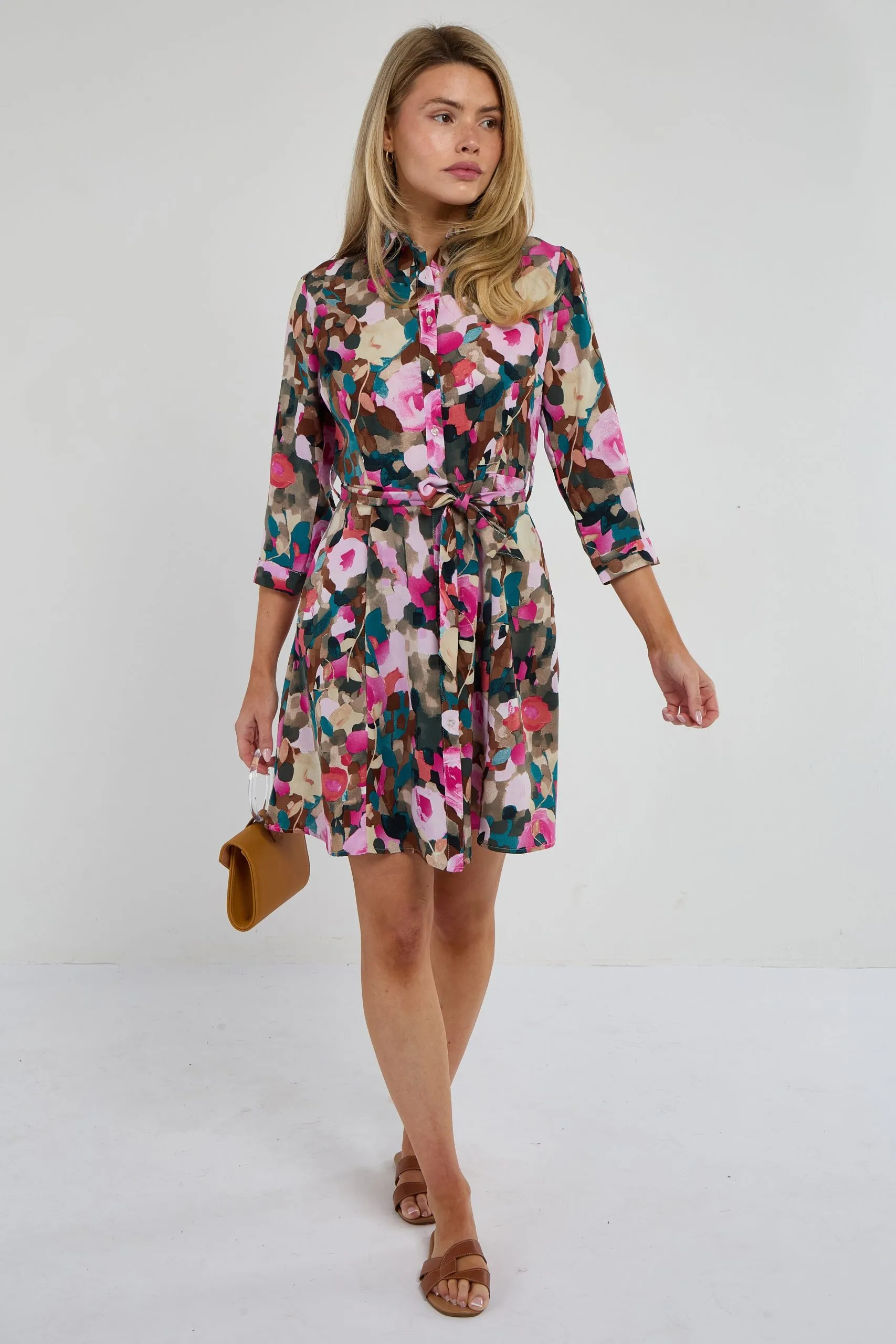 Roses Print Quarter Sleeve Mini Shirt Dress