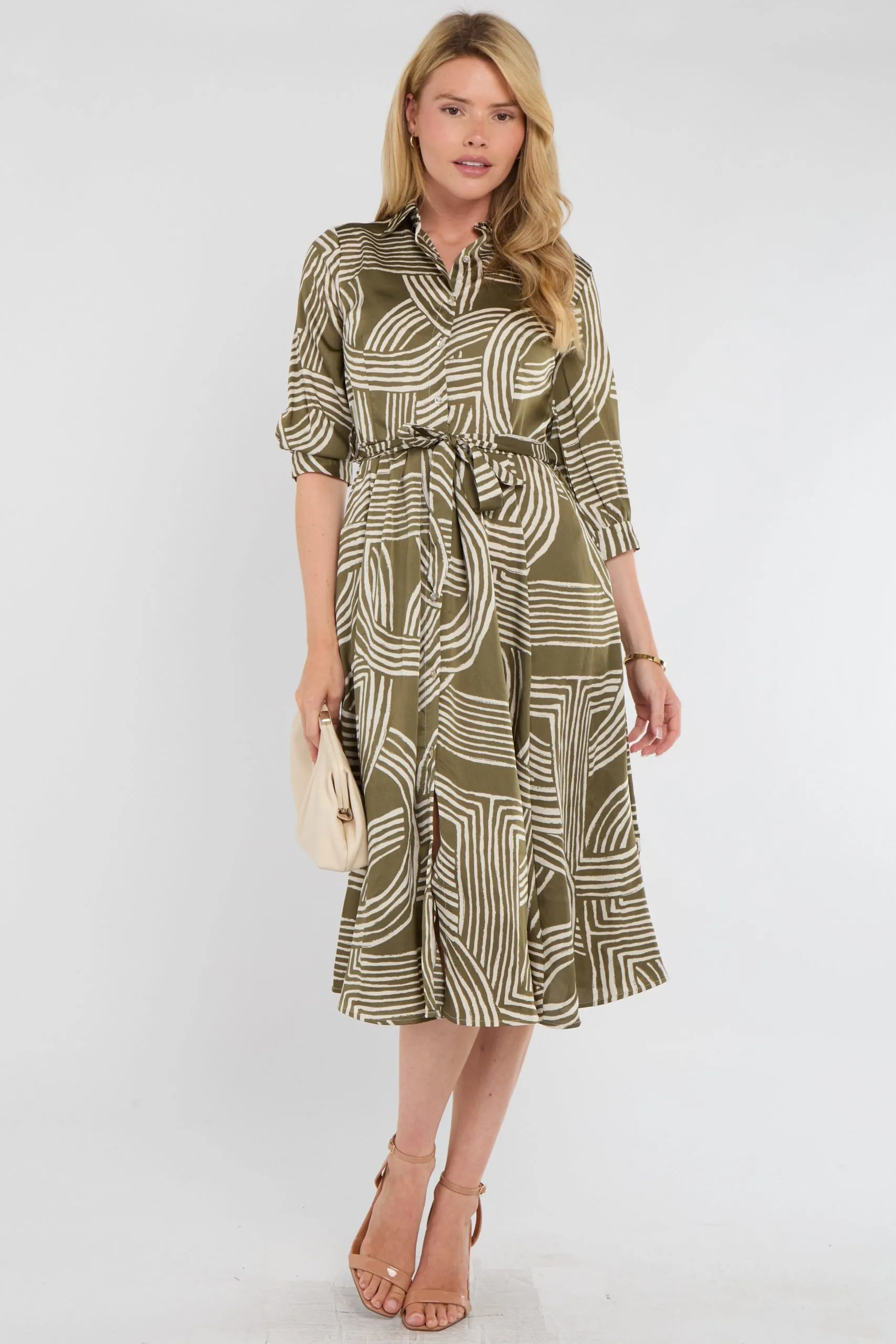 Khaki Geometric Print Half Sleeve Midi Shirt Dress