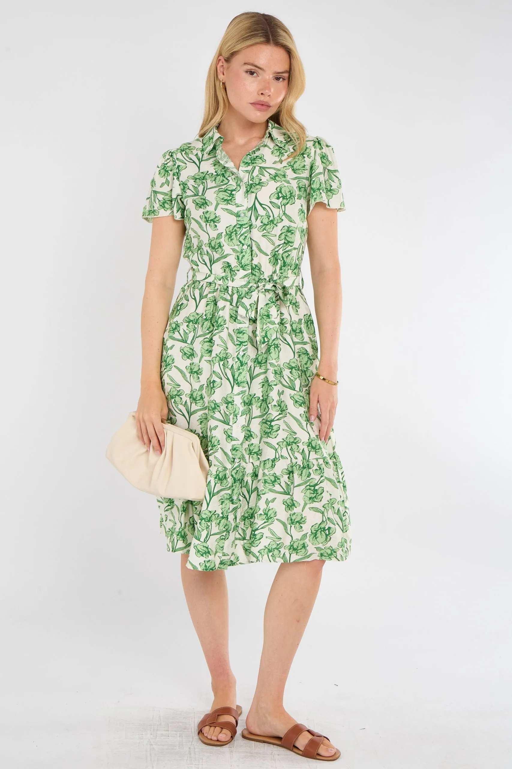 Fresh Green Floral Print Midi Shirt Dress