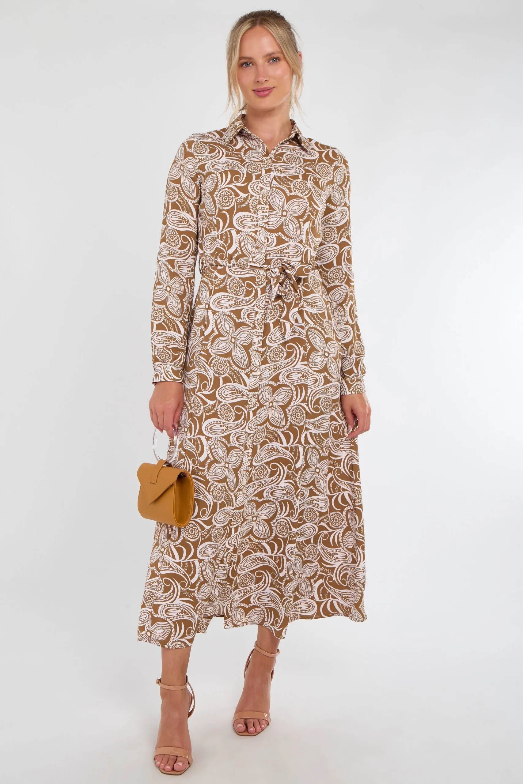 Tan Retro Floral Swirl Print Maxi Shirt Dress