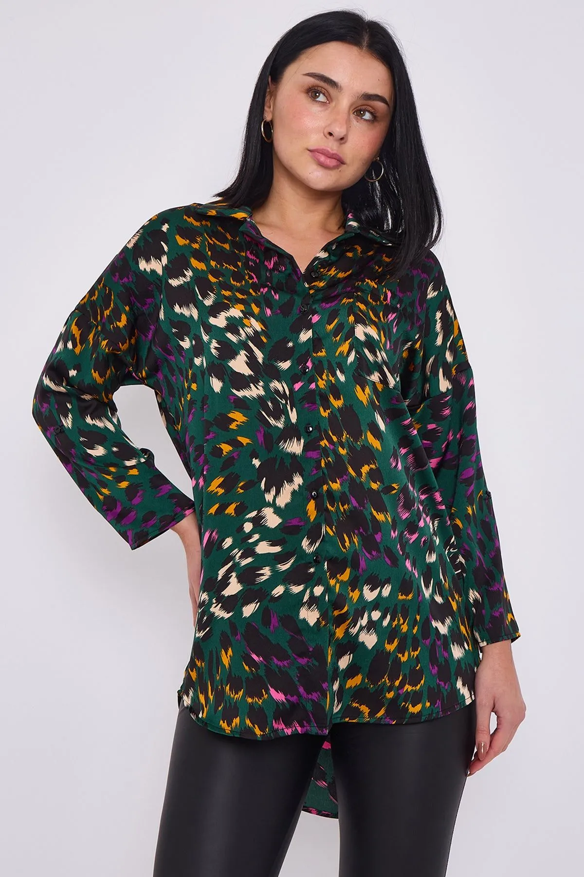 Emerald Leopard Print Satin Oversized Shirt