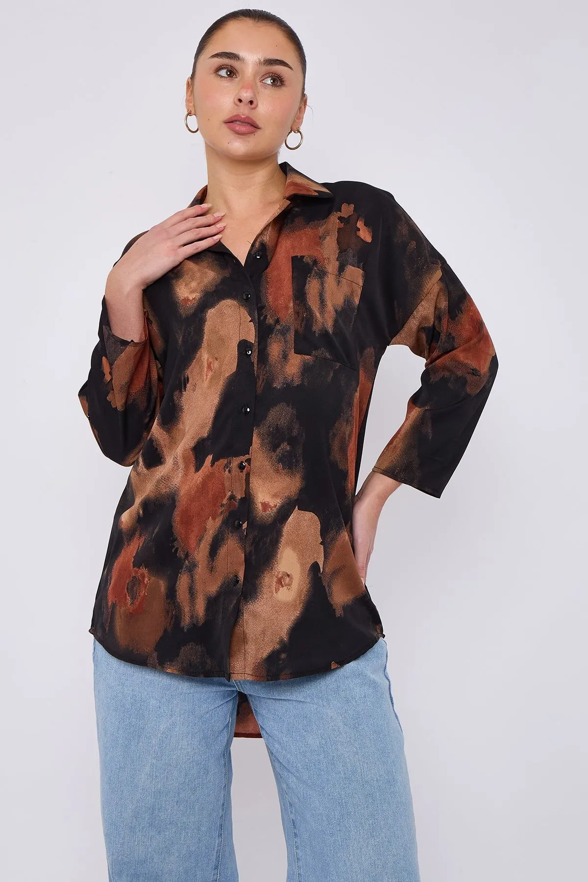 Rust and Black Brushstroke Print Oversized Shirt