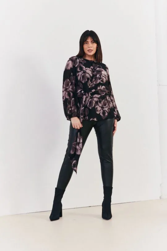 Brown Floral Tie Waist Blouse