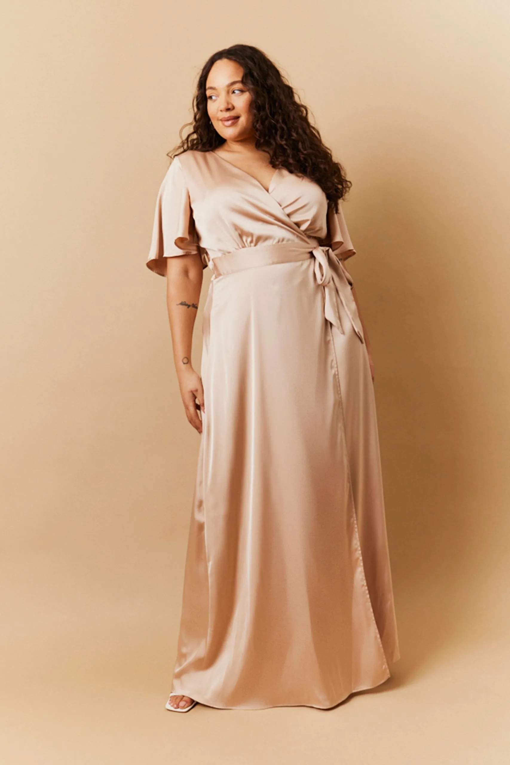 Satin Wrap Tie Angel Sleeve Maxi Dress
