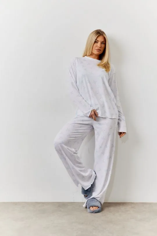 White Bow Print Long Sleeve Top and Trouser PJ Set