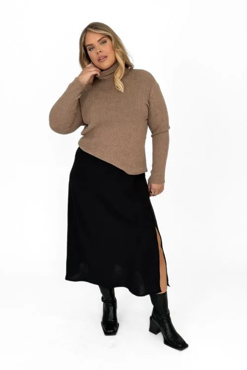 Curve A Line Crepe Midi Skirt With Split In Black