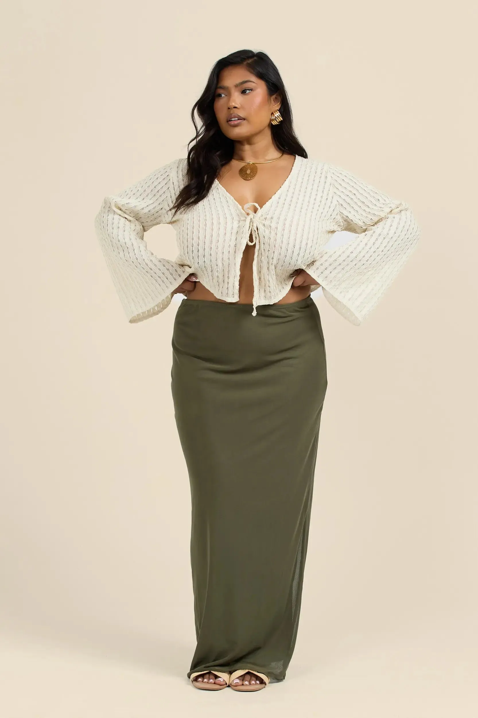 Curve Mesh Straight Fit Maxi Skirt In Khaki