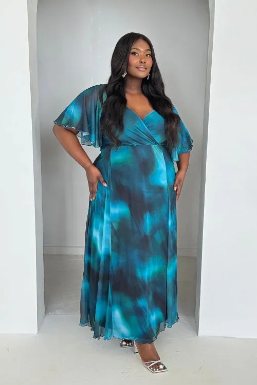 Curve Teal Watercolour Printed Angel Sleeve Wrap Front Maxi Dress