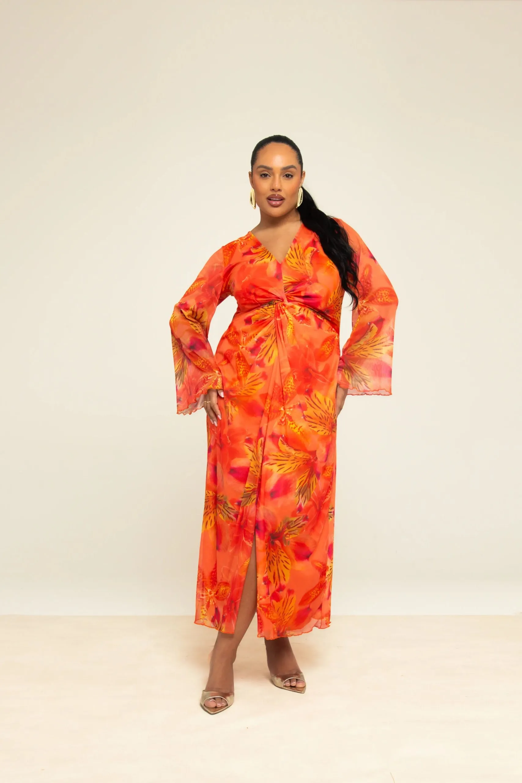 Curve Twist Front Floral Midi Dress