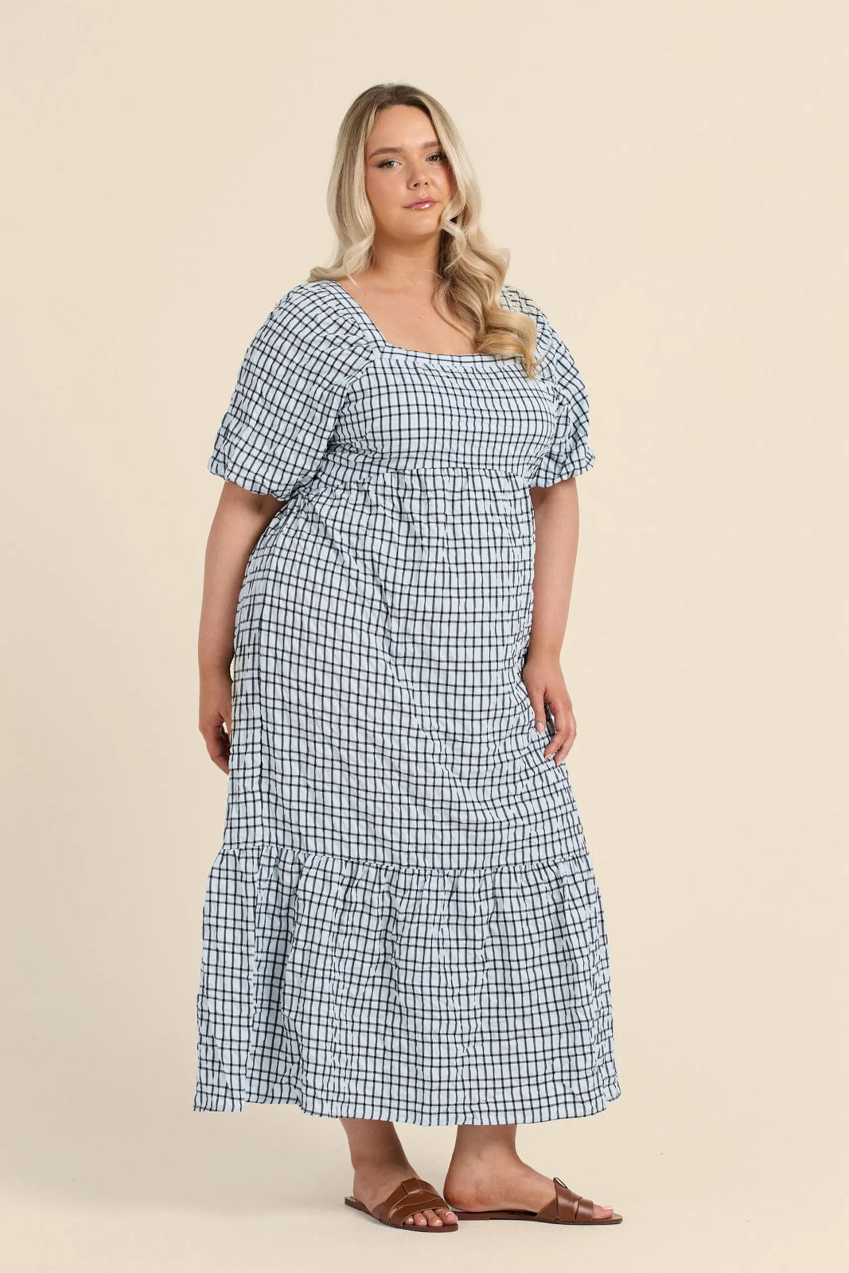 Curve Seersucker Checked Tie Back Midaxi Dress